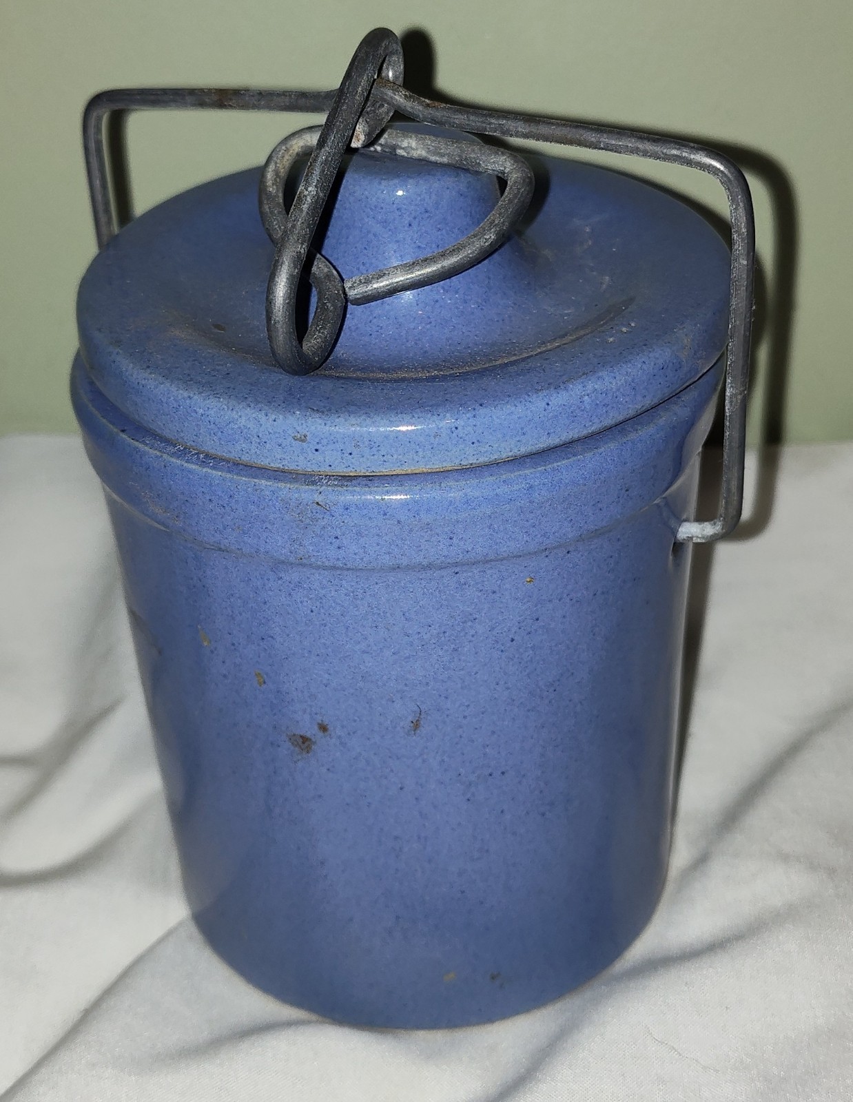 Vintage 70's Pastel Blue Cheese Butter Stoneware Crock With Snap Lid & Wire Bail
