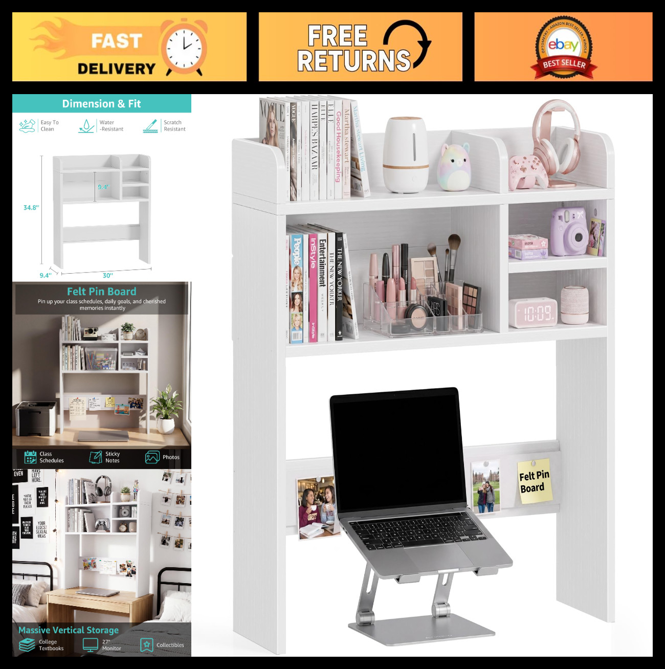 30" White Desk Hutch for Dorm - Top Only with Felt Board, College Study Space