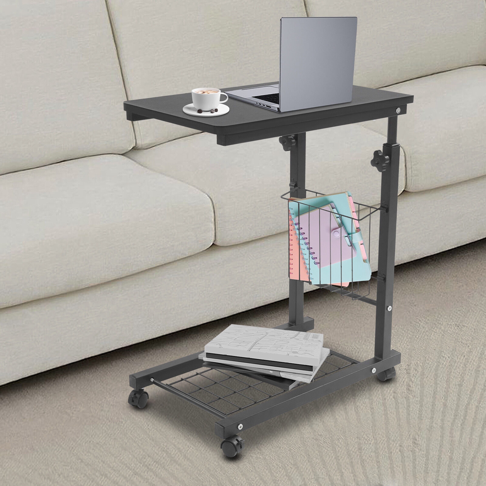 2 Tiers Adjustable Bed Side Table Thickened Mobile Standalone Table w/ Wheels