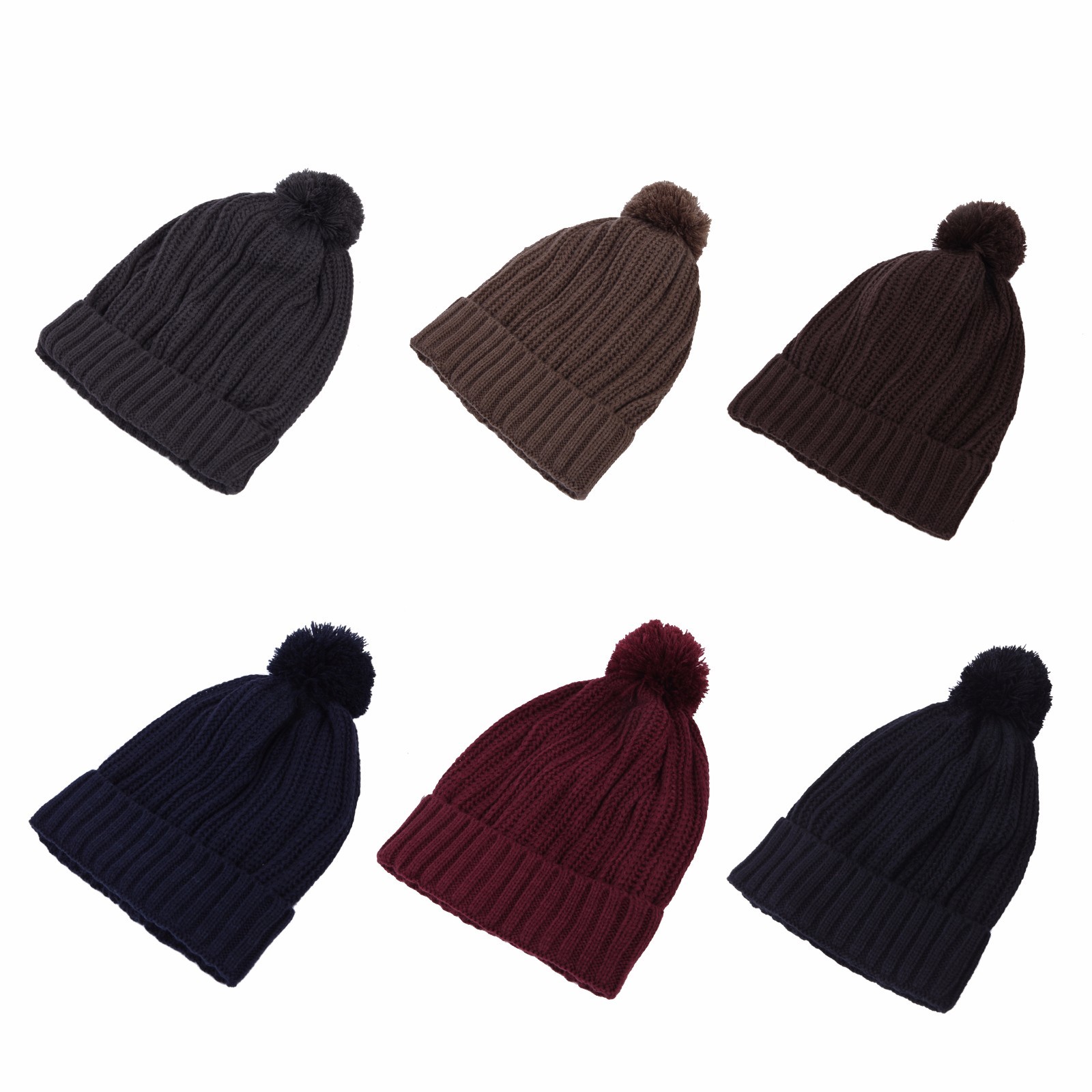 Premium Ribbed Knit Solid Color Winter Beanie Hat w/ Pom Pom - Diff Colors