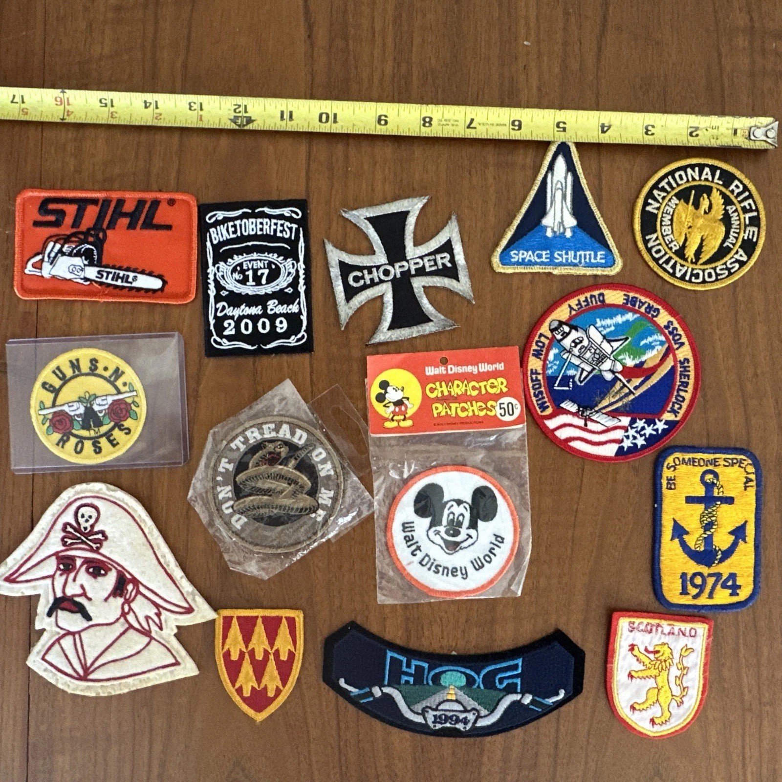 Lot Of 7 Vintage Patches NASA Space Shuttle, Mickey Mouse, Motorcycle, Stihl