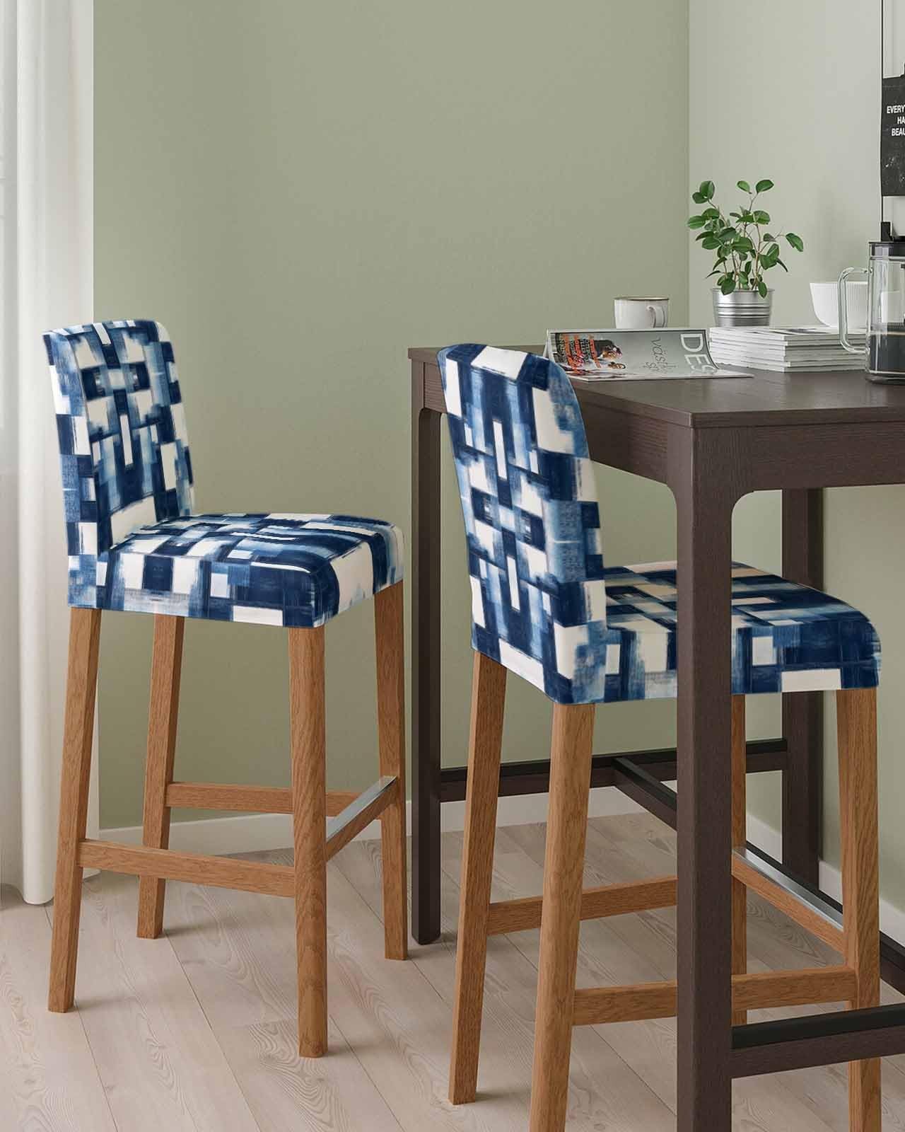 Abstract Geometric Patterns Bar Stool Covers with Backs Blue & White Stretch ...