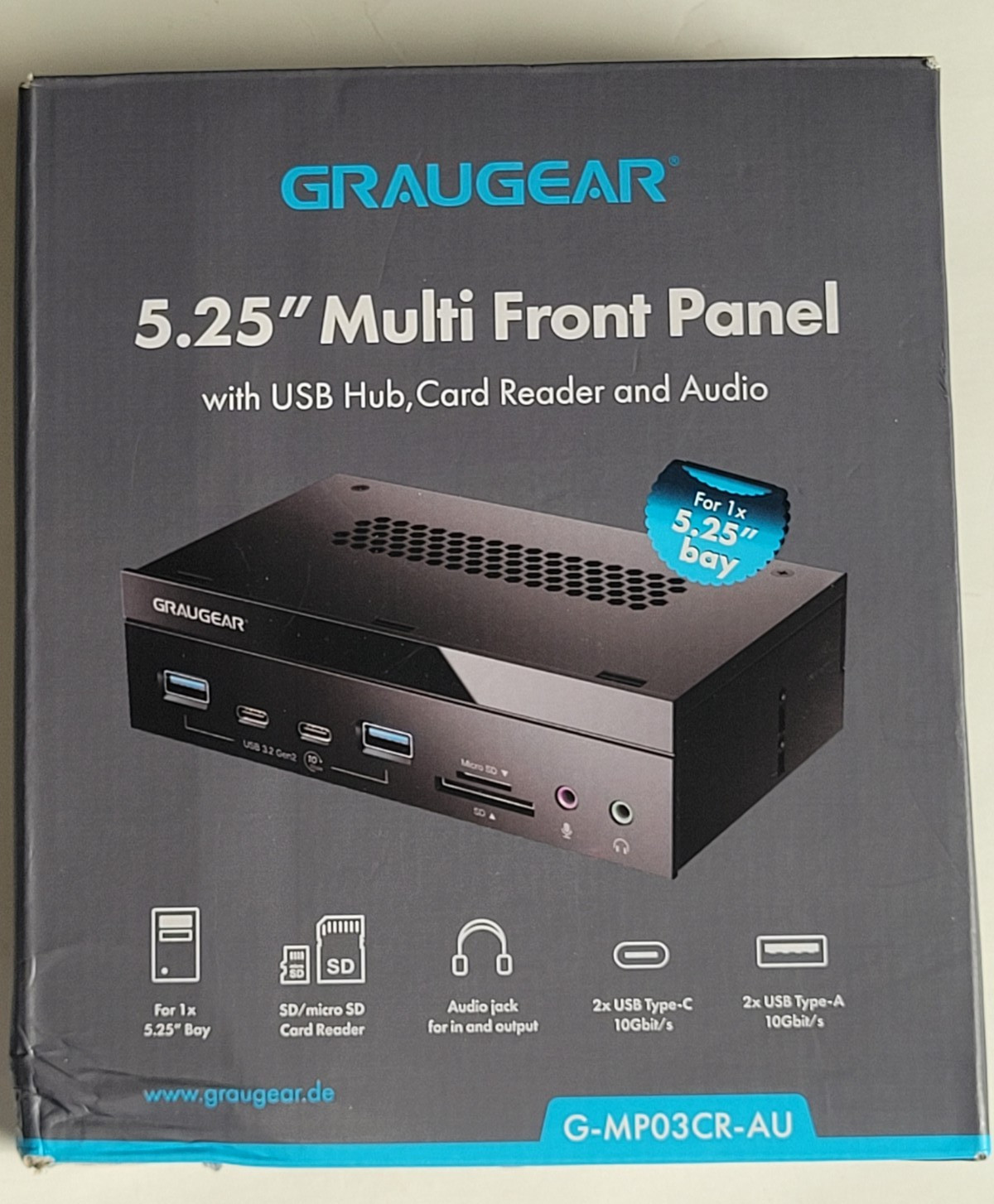 GRAUGEAR 5.25" PC Front Panel USB Hub - 10Gbps USB-C Ports, Dual USB 3.0,