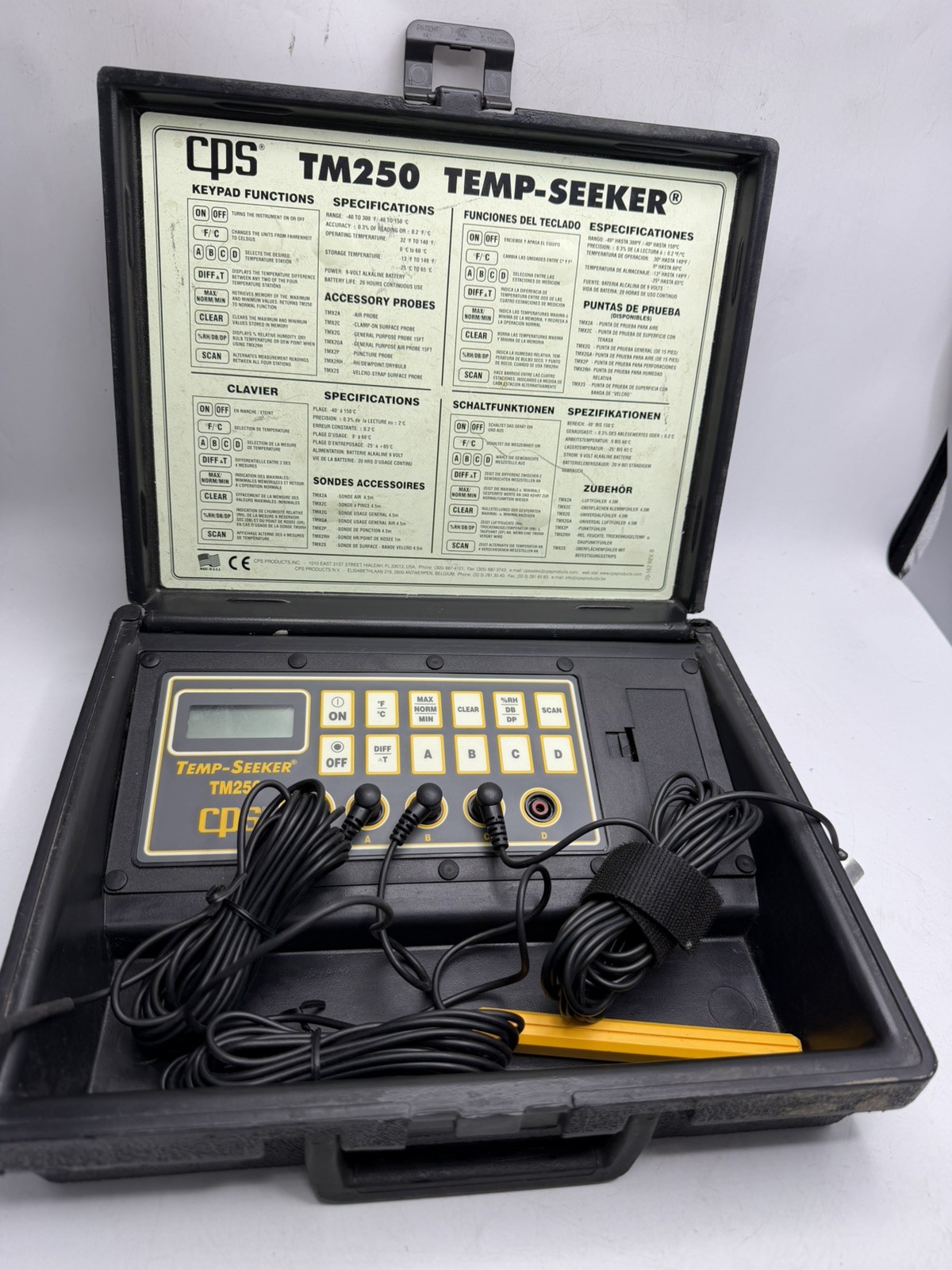 CPS TM250 Temp Seeker Thermo-Psychrometer Original Case 3 Probes Chart 64A