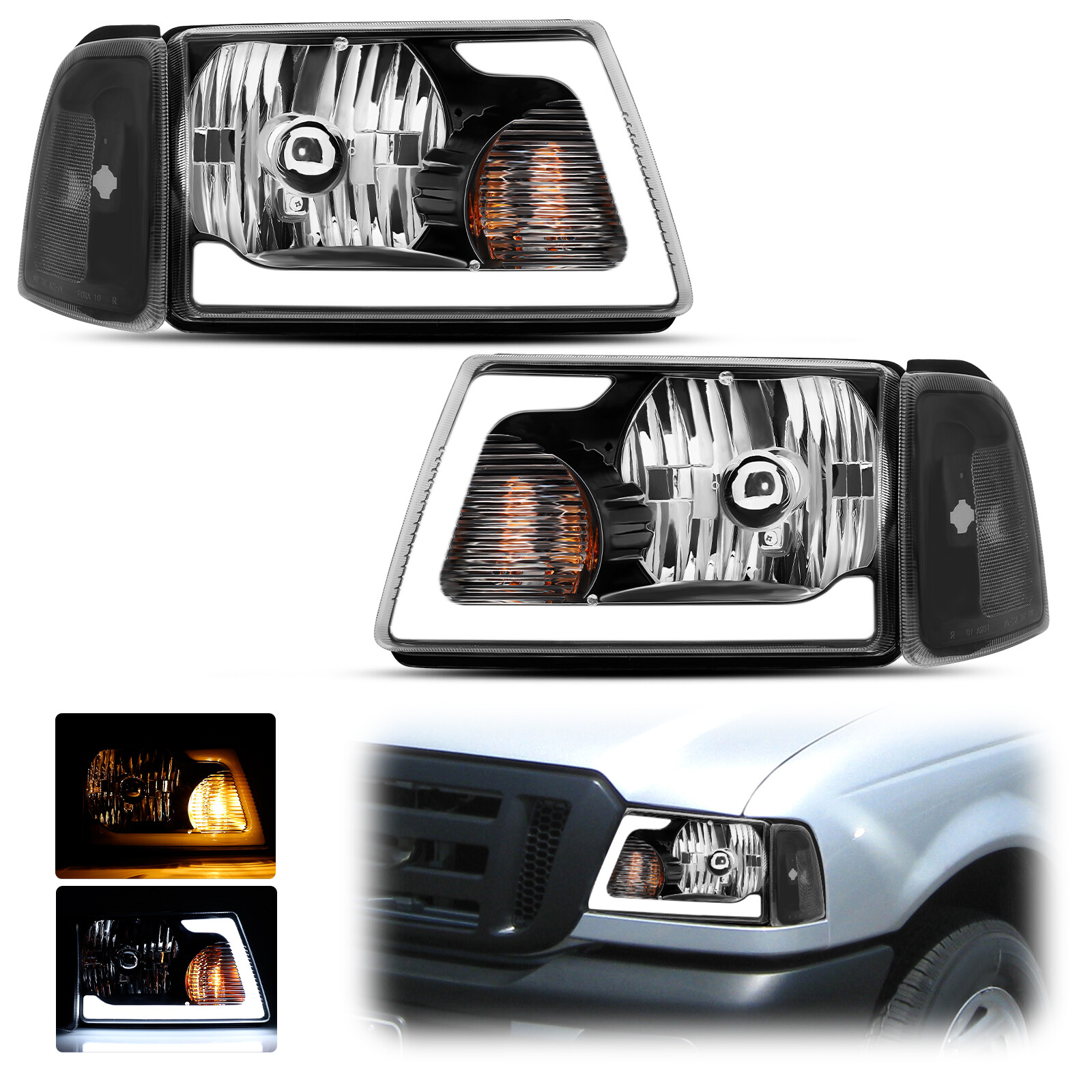For 2001-2011 Ford Ranger Pickup LED Tube Black Headlights Headlamps Left+Right