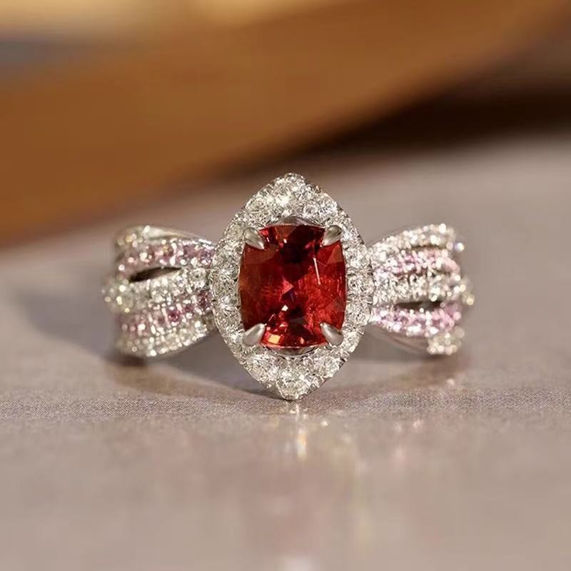 Stunning Woman White Gold Plated Sparkling Red CZ Pink Oval Band Ring