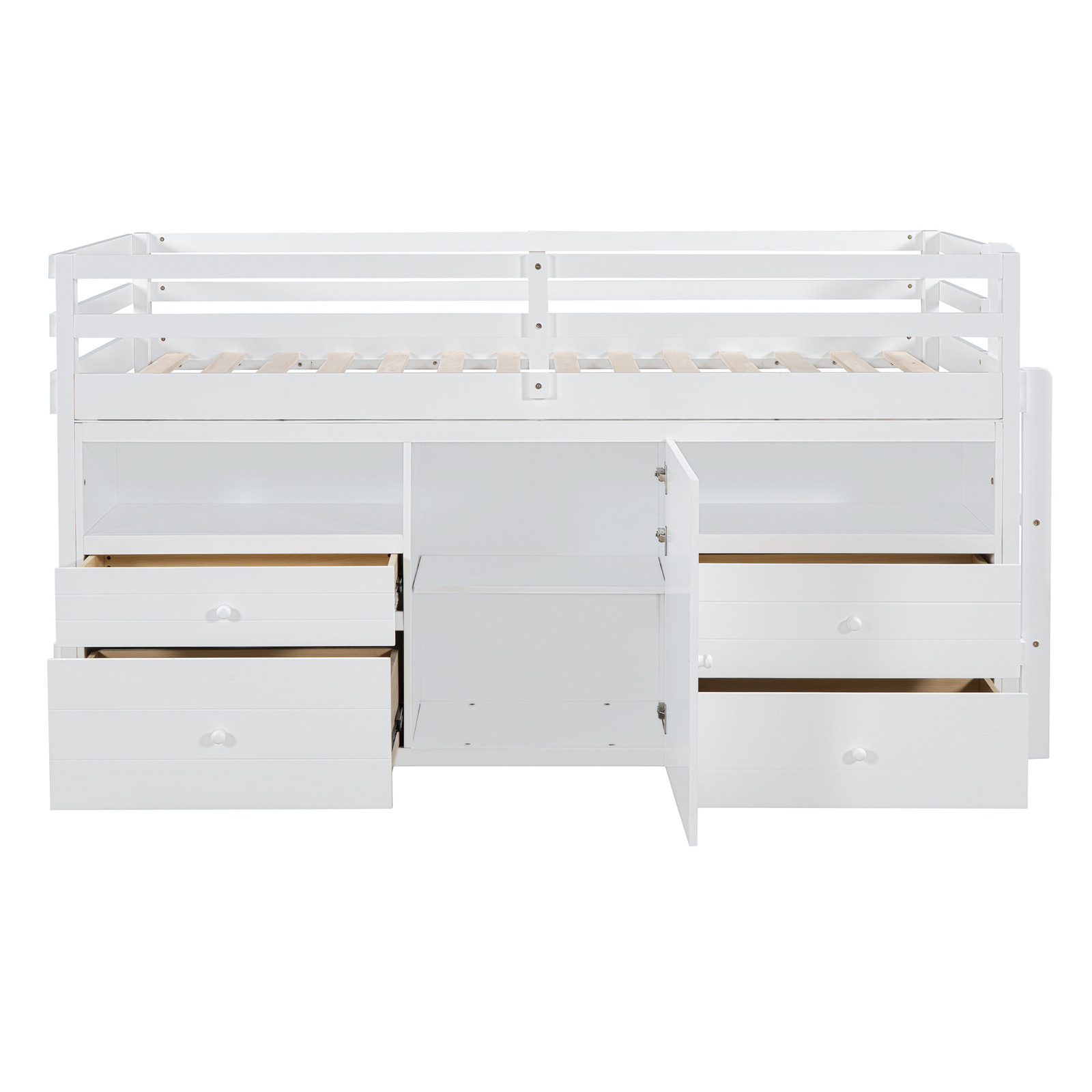 Twin Size Bed Frame Wood Loft Bed w/4 Drawers, Underneath Cabinet & Shelves
