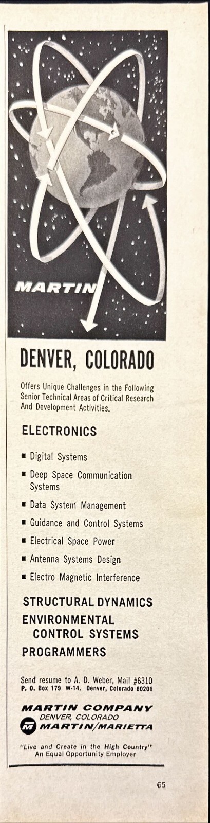 Martin Marietta Space Program Jobs Denver CO NASA Vtg Print Ad 1966