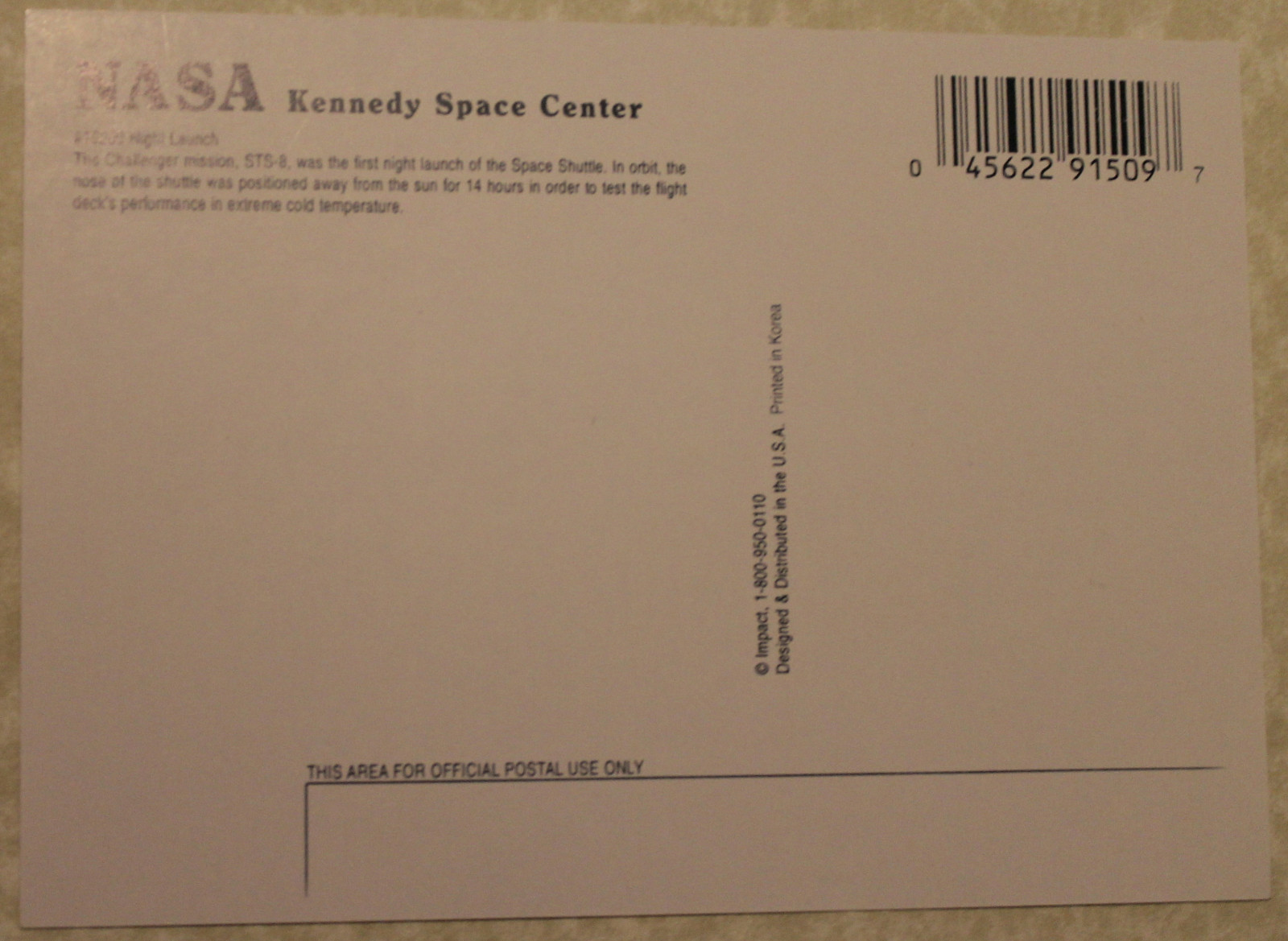 NASA COLLECTORS CHALLENGER SPACE SHUTTLE POST CARD S