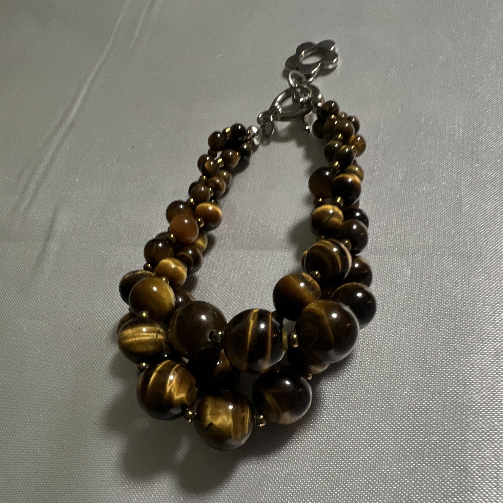 Tiger's Eye Round Beaded Charm Bracelet 7 in Toggle Clasp Brown Gold Silver