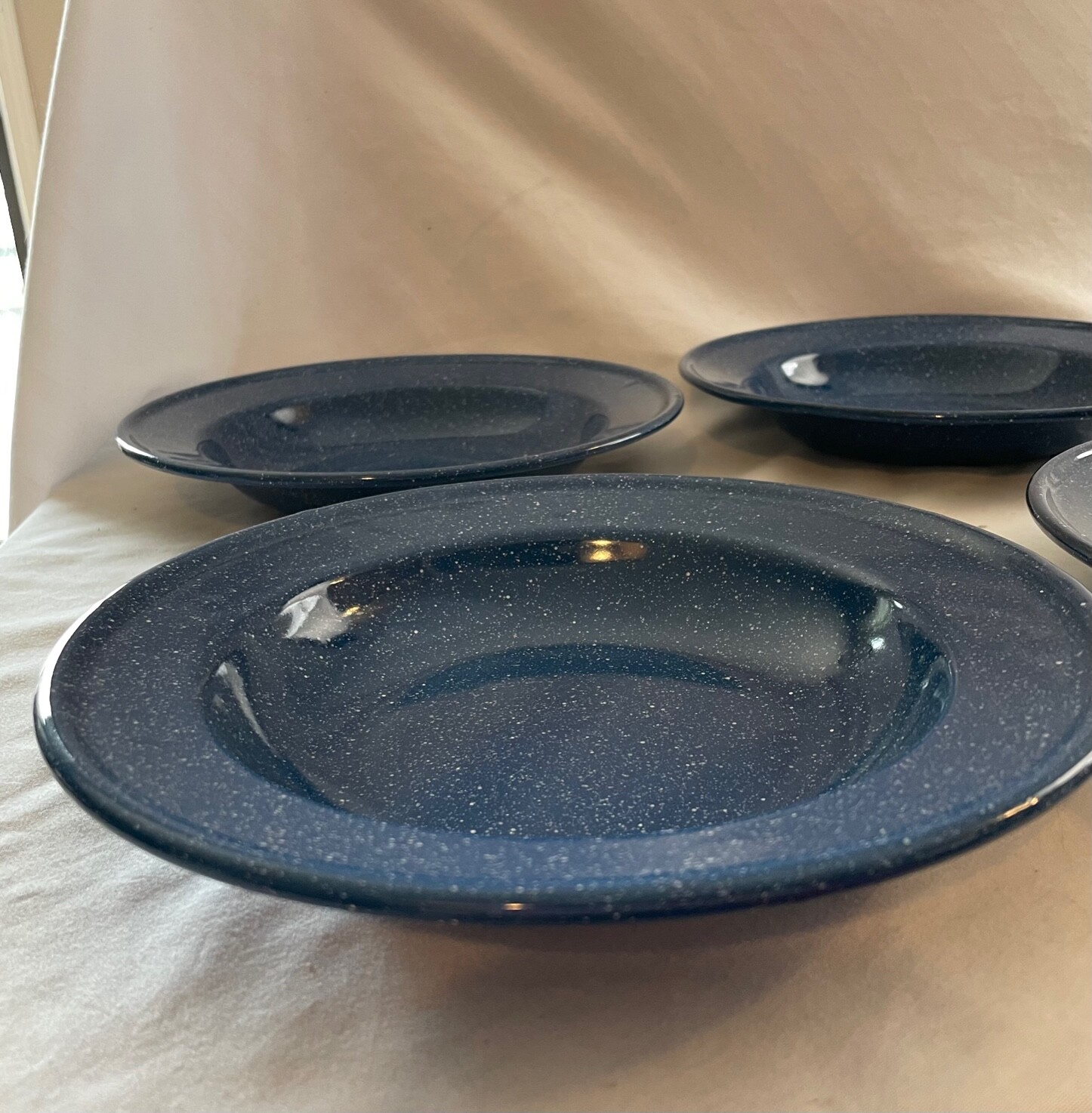 Blue and White Speckled Enamelware Outdoor Cooking Chili or Soup Bowls- Set of 6