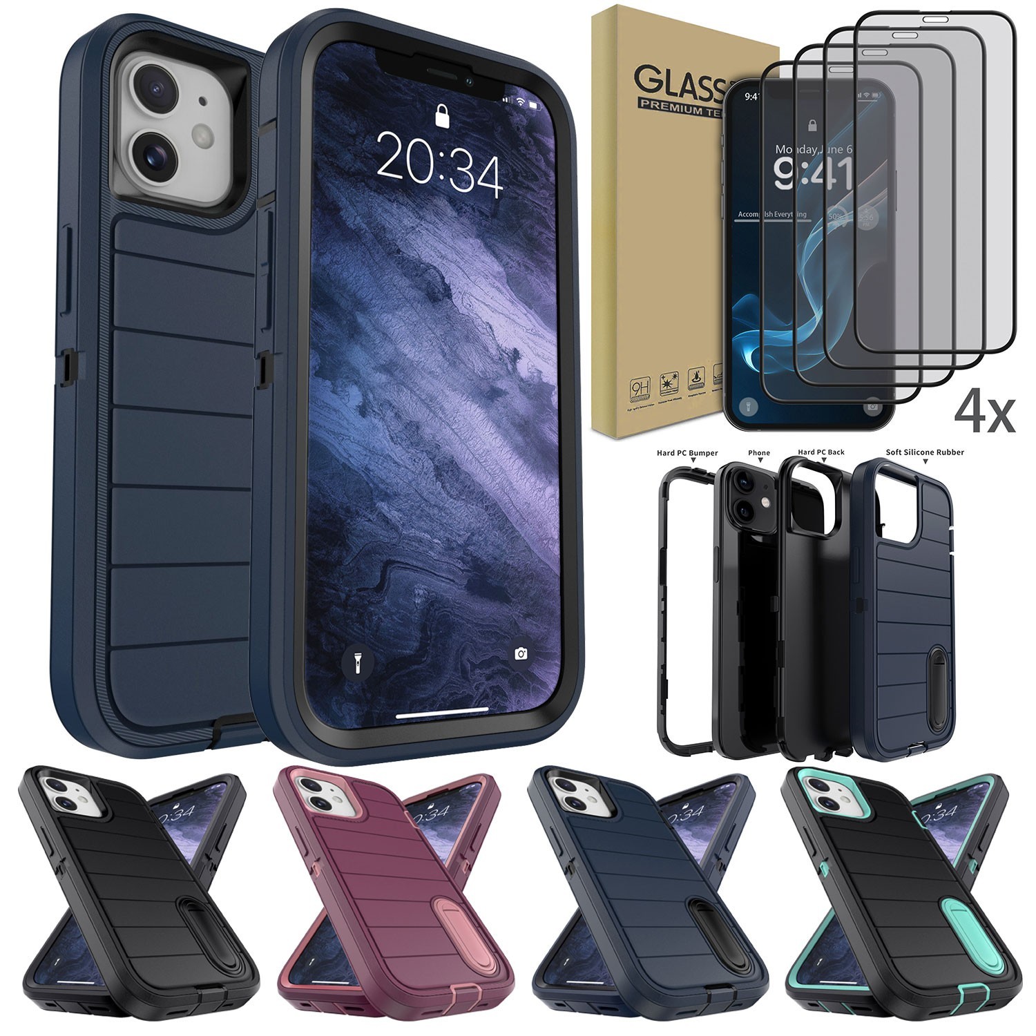 For Apple iPhone 11 Shockproof Case Cover Hard Hybrid Rubber / Screen Protector