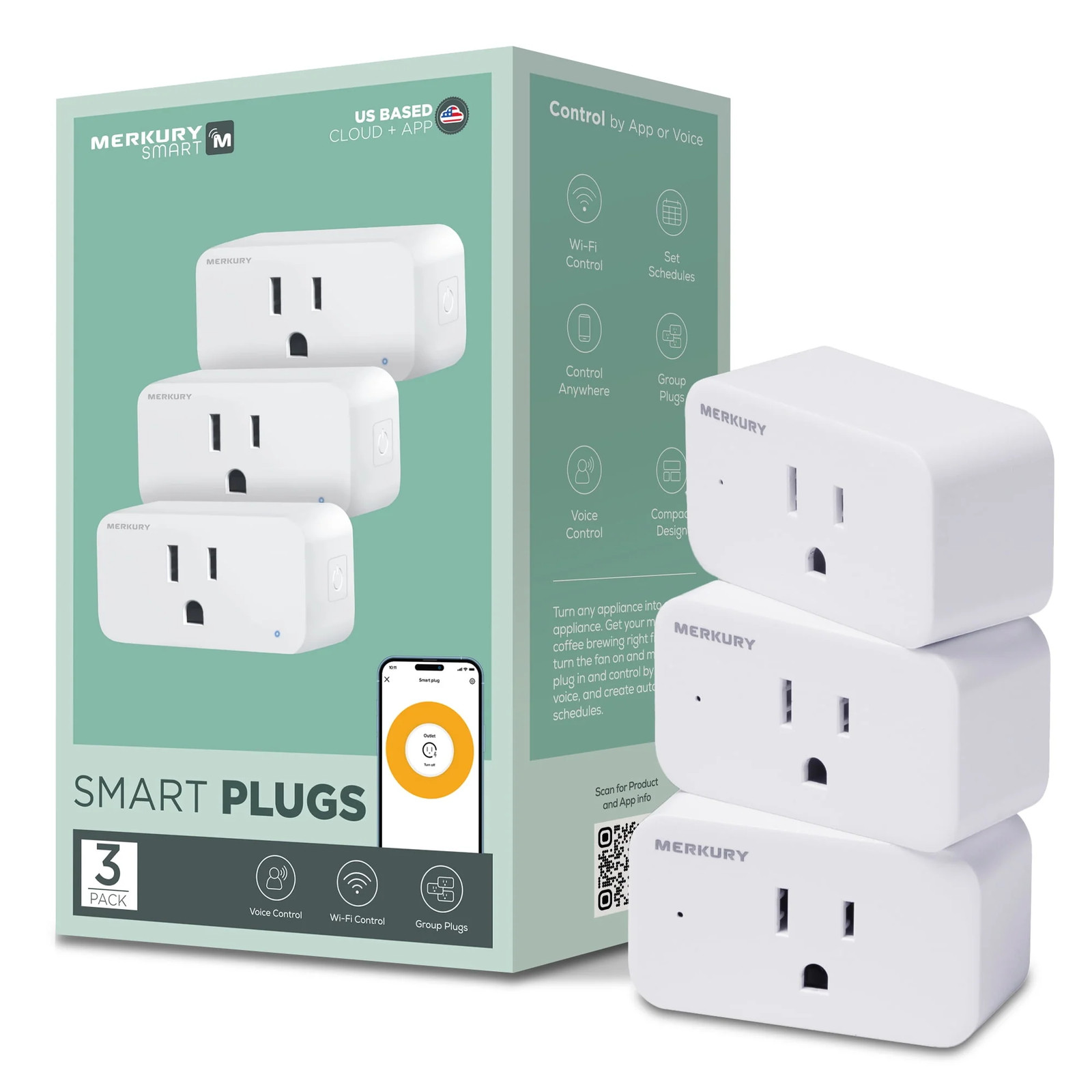 Merkury Smart Wi-Fi Plug, 3-Pack, 15 Amp, White, Compatible with Alexa and Googl