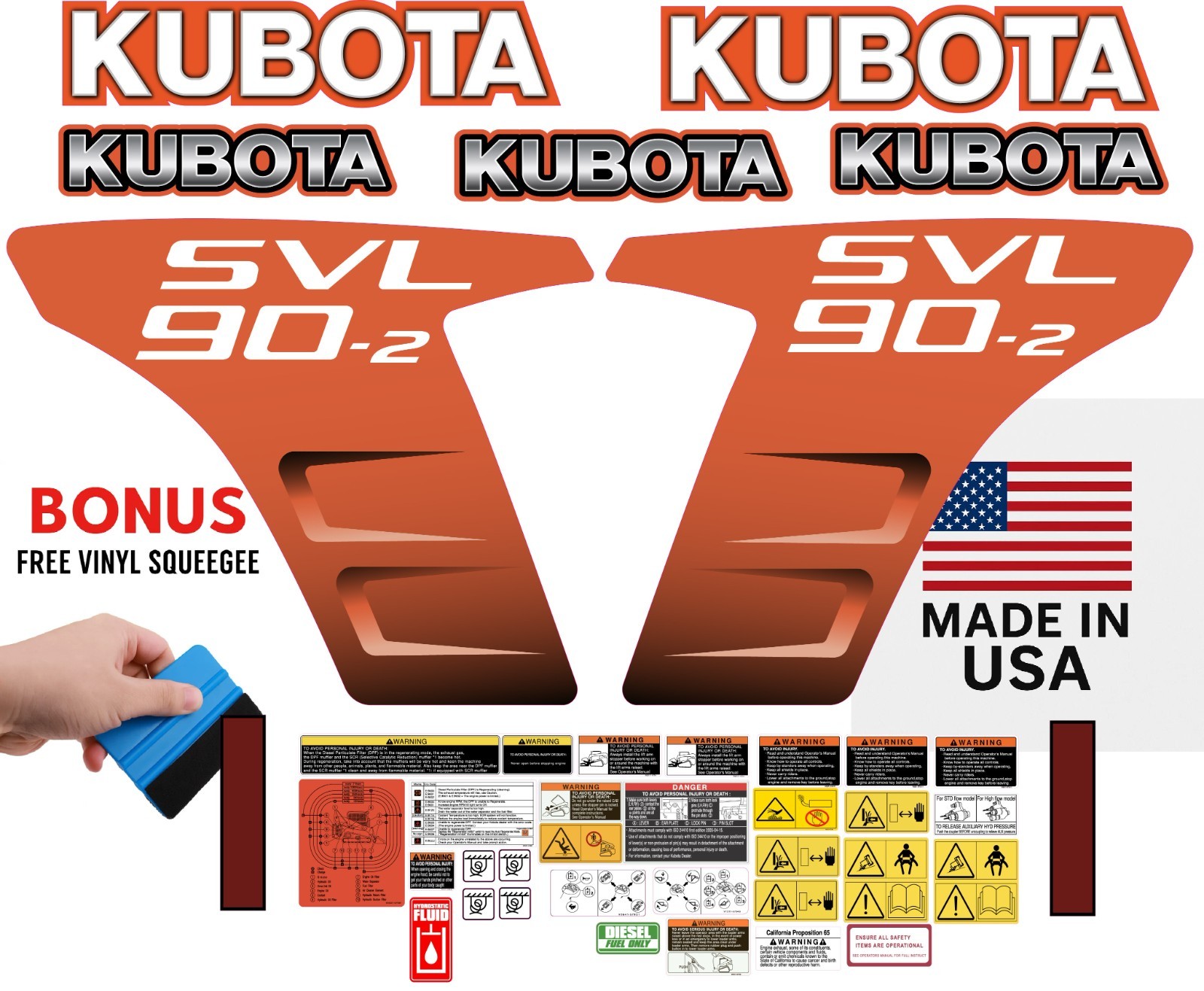Fits KUBOTA SVL90-2 Decal Kit Skid Steer /Safety decals/ 3M VINYL/ FREE SHIPPING