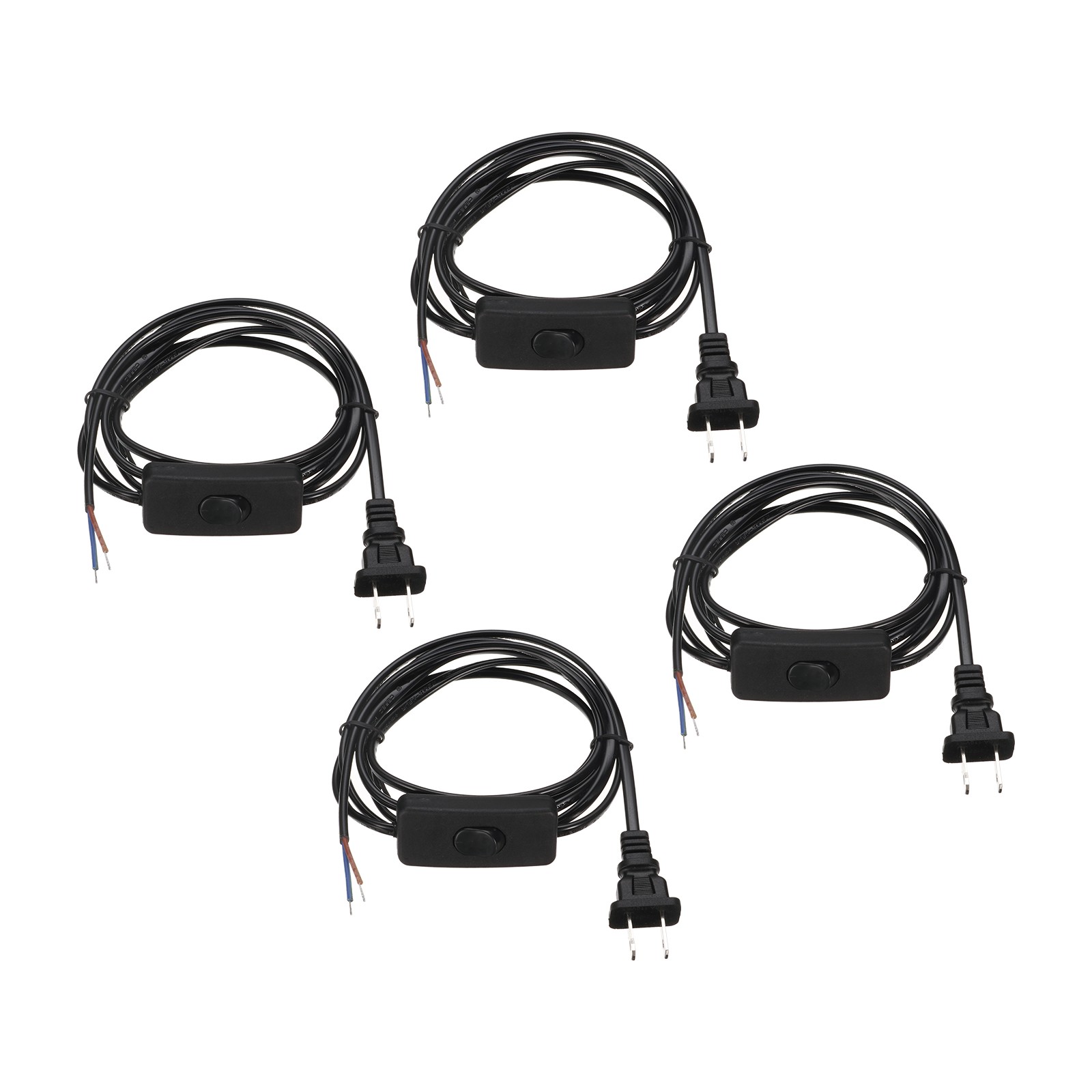 4Pcs 6FT 18/2 US Plug Lamp Cord with Switch Pure Copper Stripped End Black
