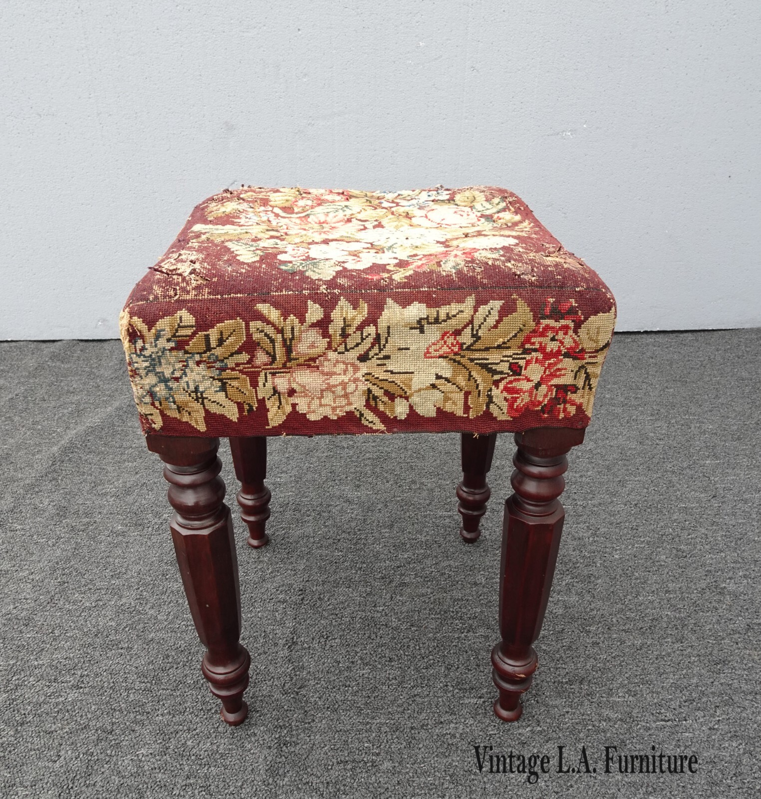 Vintage French Provincial Burgundy Needlepoint Tapestry Bench Foot Stool Asis