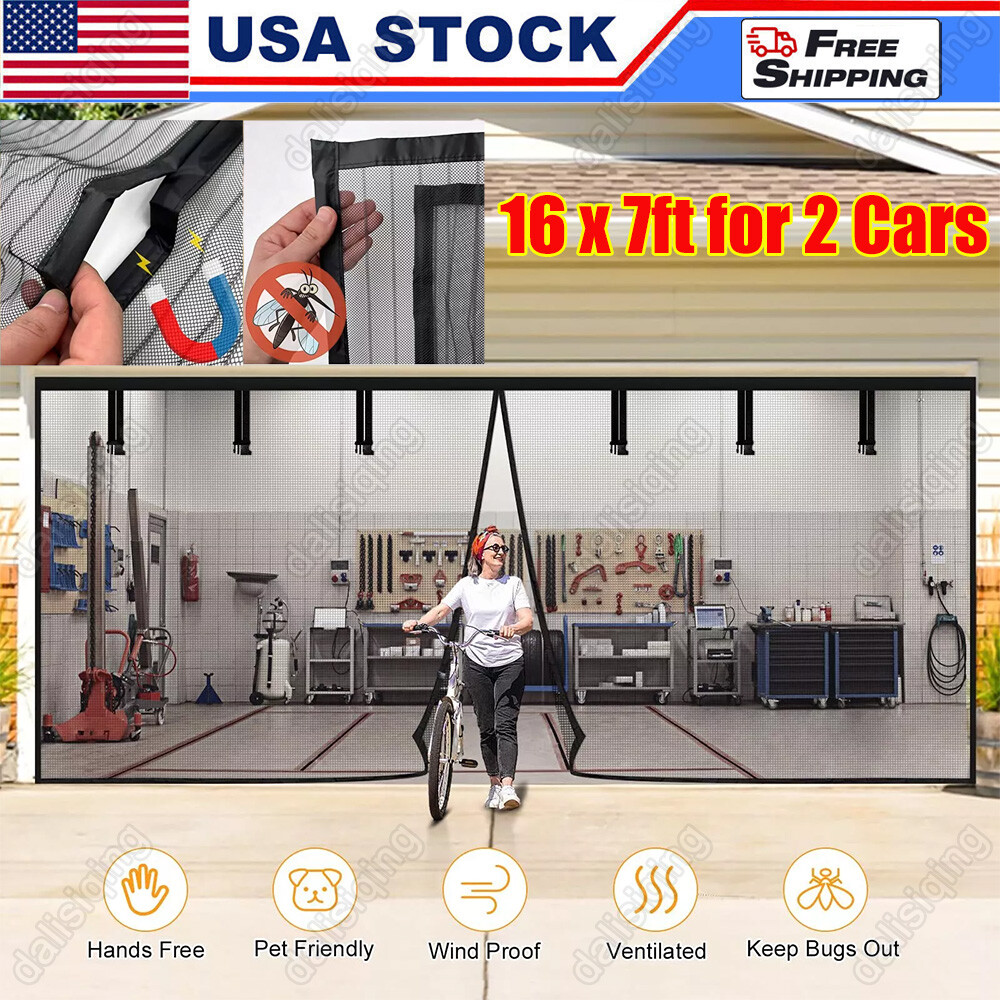 Magnetic Garage Door Screen 16 x 7ft for 2 Cars Heavy-Duty Garage Net Fiberglass