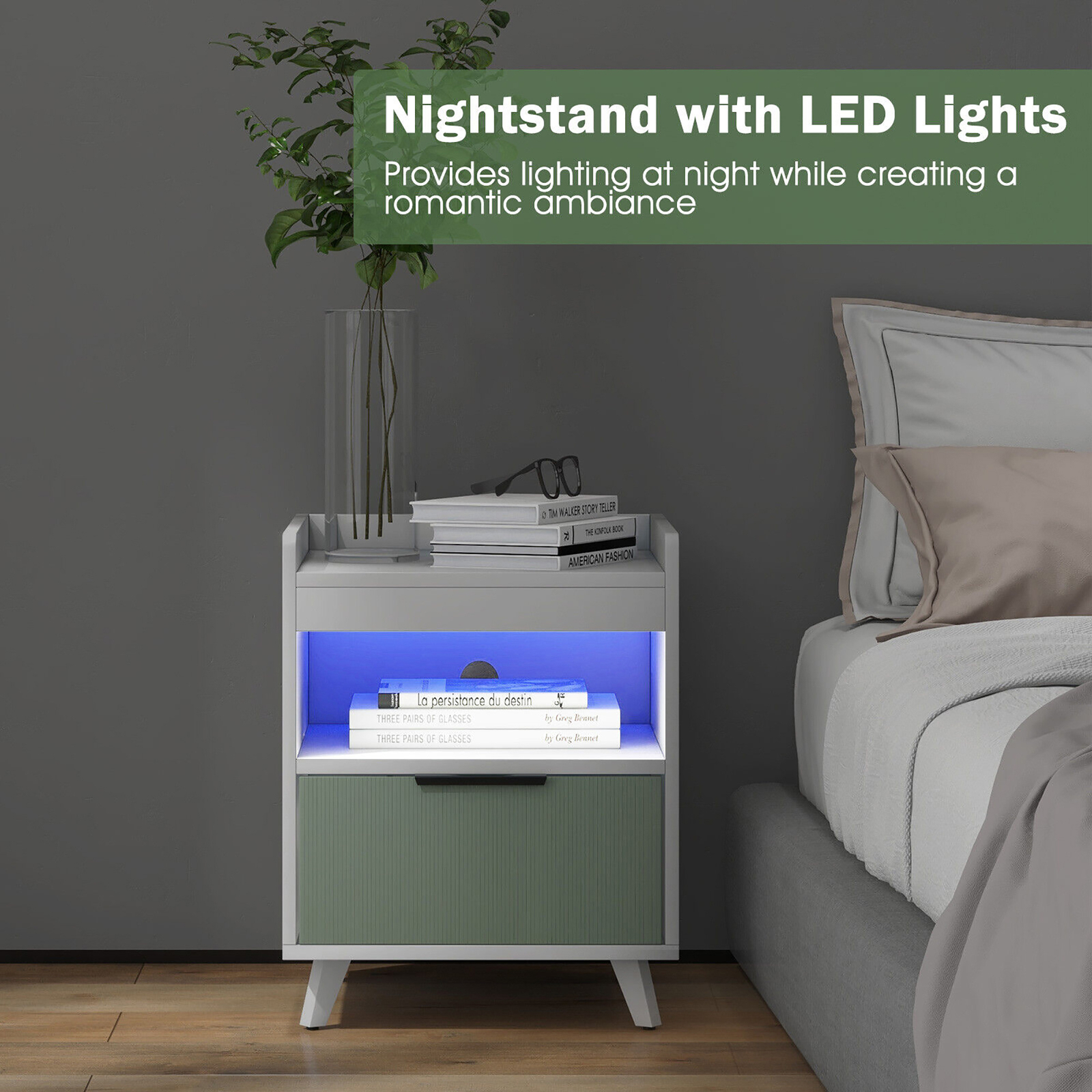 Nightstand Modern Beside End Table w/ LED Lights Open Compartment & Drawer