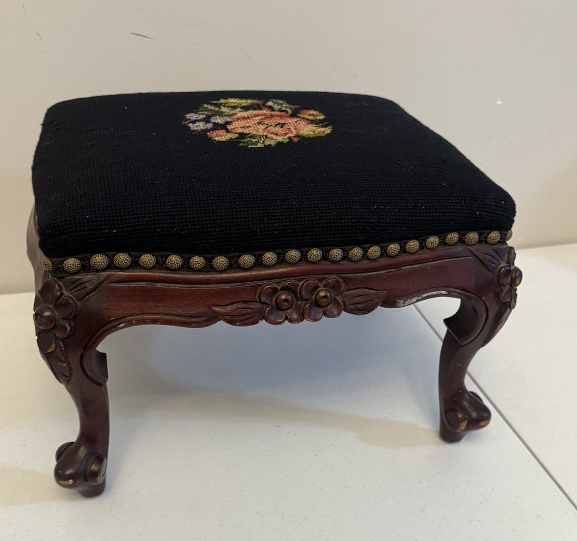 Antique/Vintage Wooden Needlepoint Foot Stool dark wood green pink yellow decor