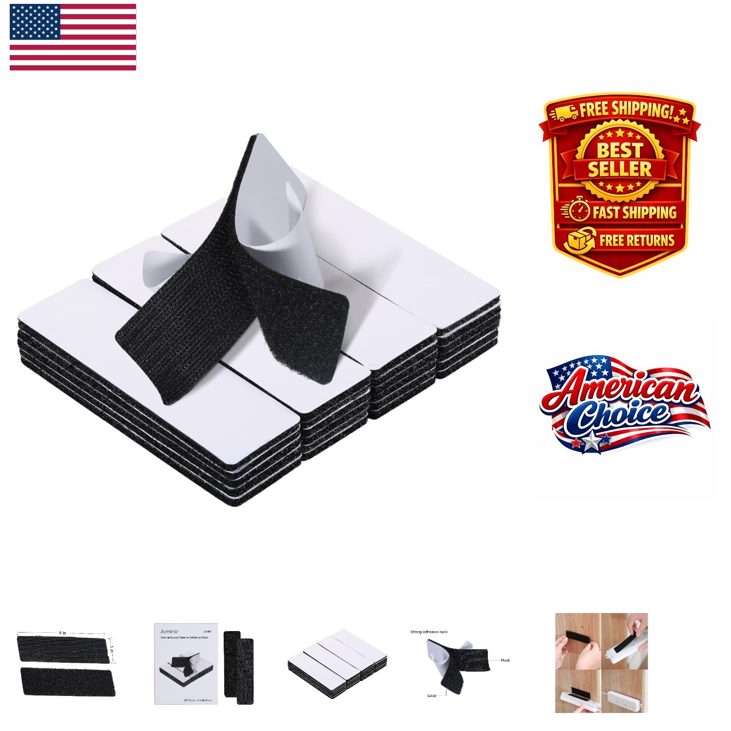 20 Sets 1x4 Inch Hook and Loop Fasteners - Heavy Duty Adhesive Strips for Ver...