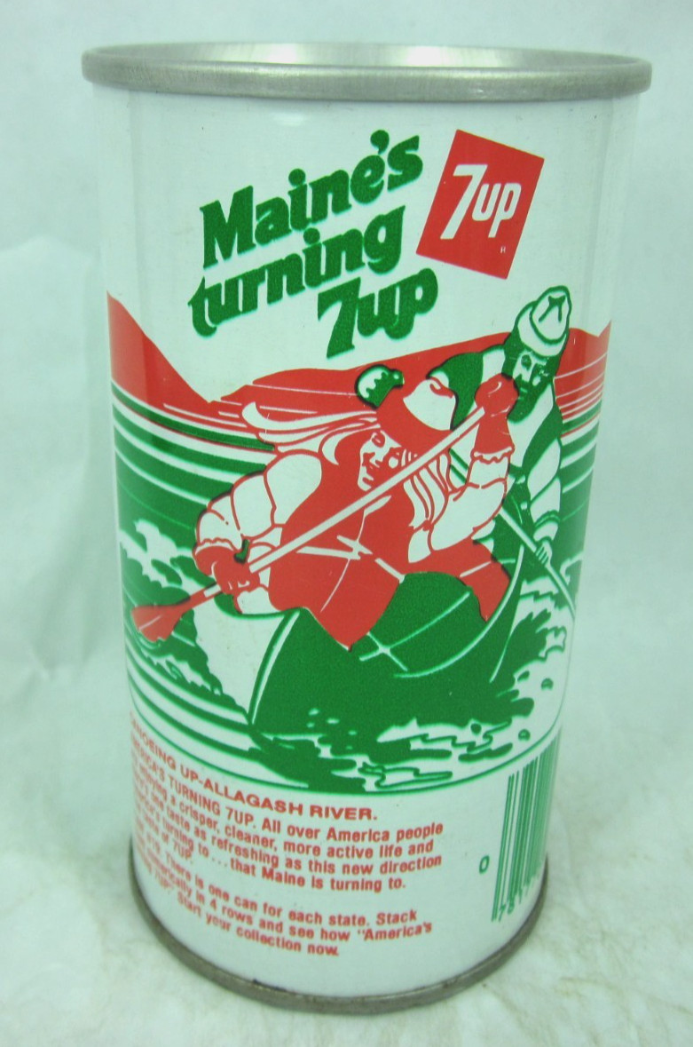 Maine's turning 7up straight steel soda can CANOEING ALLAGASH RIVER AMERICA #19