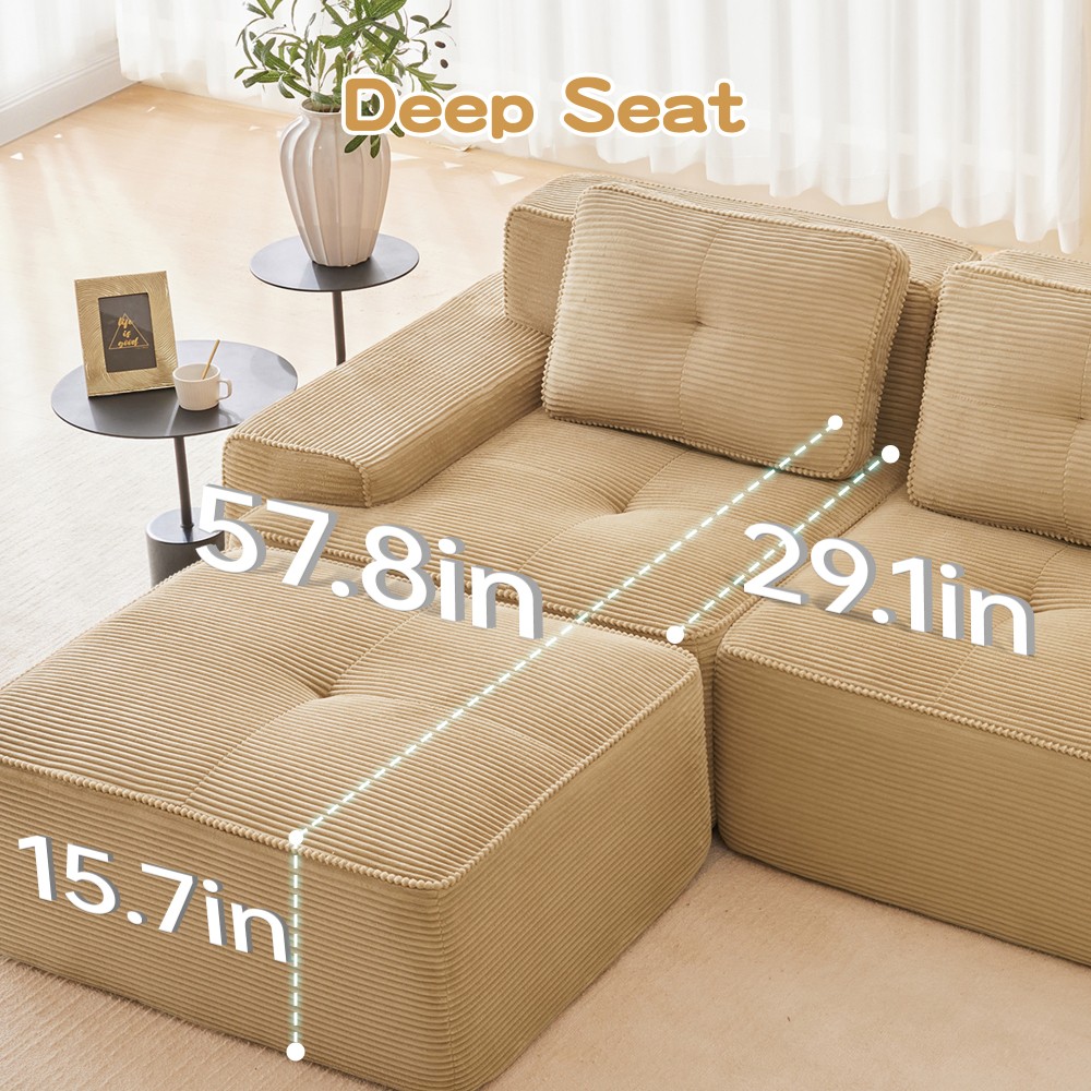 82" L-Shaped Modular Sectional Sofa w/ Ottoman, Corduroy, Camel