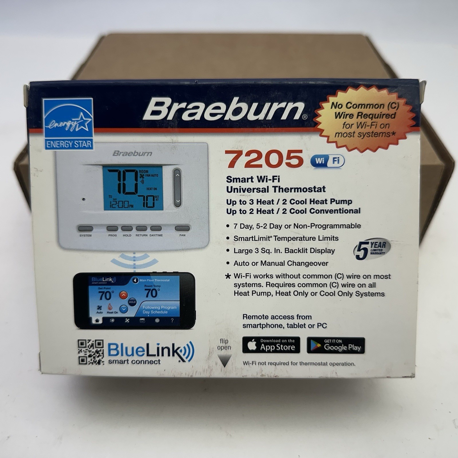 Braeburn 7205 Digital Programmable Wi-Fi Thermostat, White- Open Box