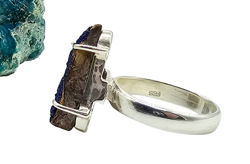 Raw Azurite Ring, size N, Sterling Silver, Triangle Shape, Rough Gemstone