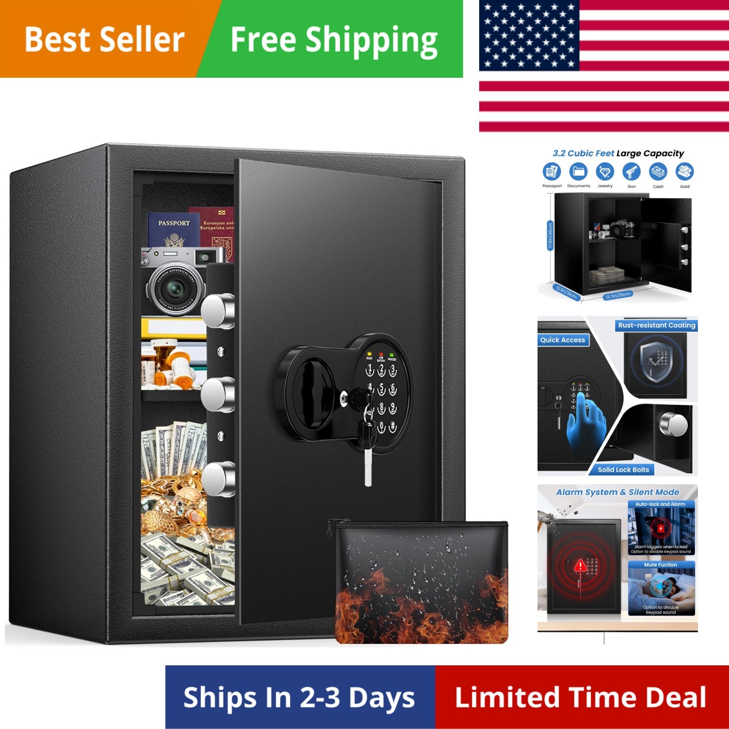 17.55'' Tall Safe Box, 3.2 Cuft Home Safe with Keys & Pass Code & Wall Mount ...