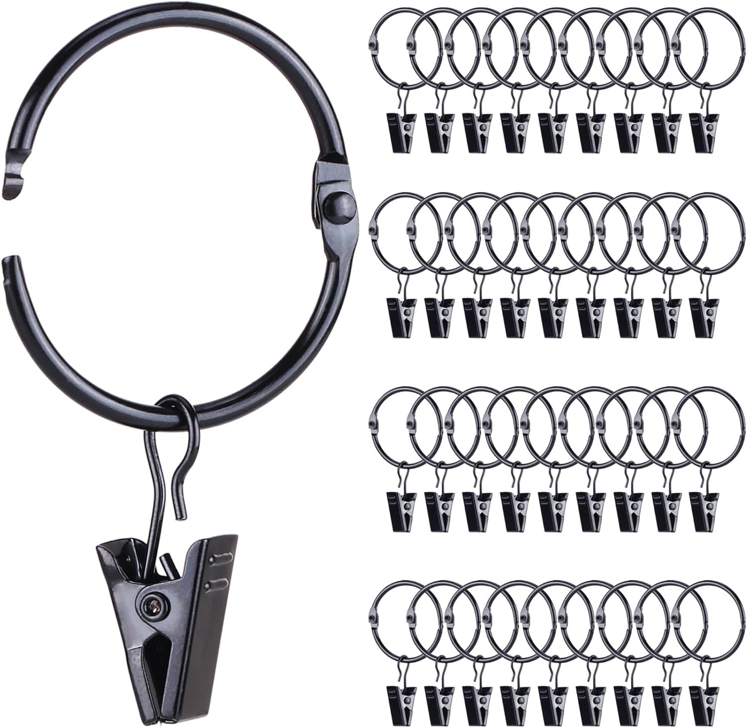 36 Pack Openable Metal Curtain Rings with 1.22 I D 36Pcs, - Black