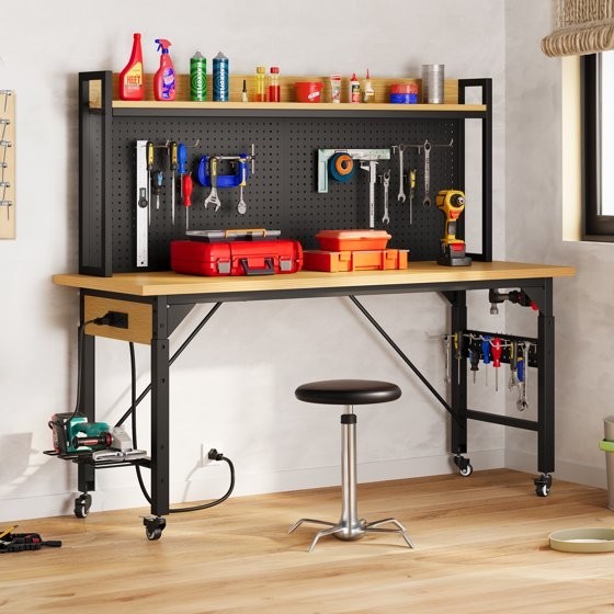 59" L Heavy-Duty Adjustable Workbench with Pegboard & Power Outlets Hooks Garage