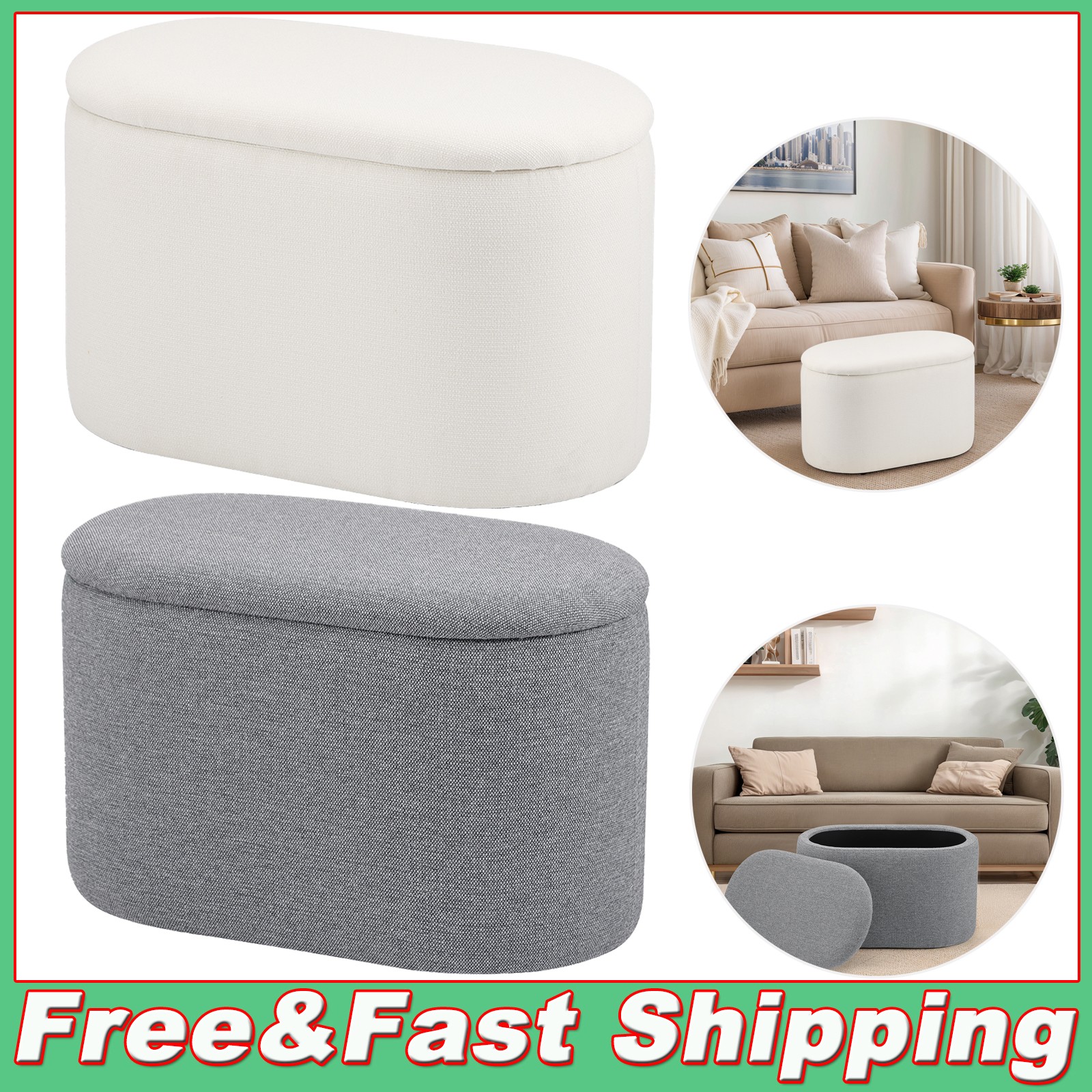 Storage Ottoman Bench 25.6 Inch Upholstered Fabric Storage Bench for Bedroom End