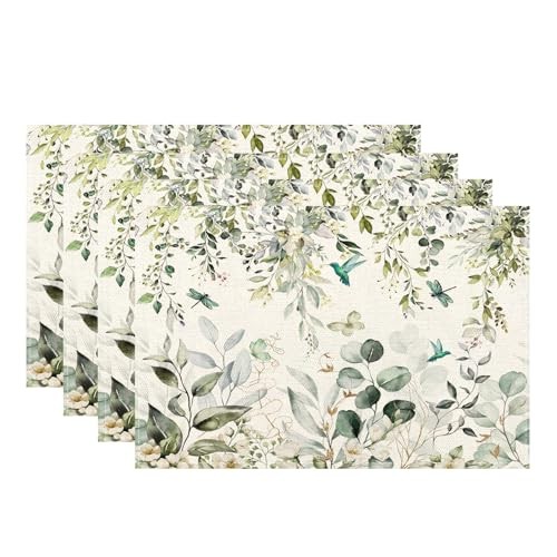 Spring Place mats Set of 4,12x18 Inches 12x18 inches Green Floral Bird Leaf