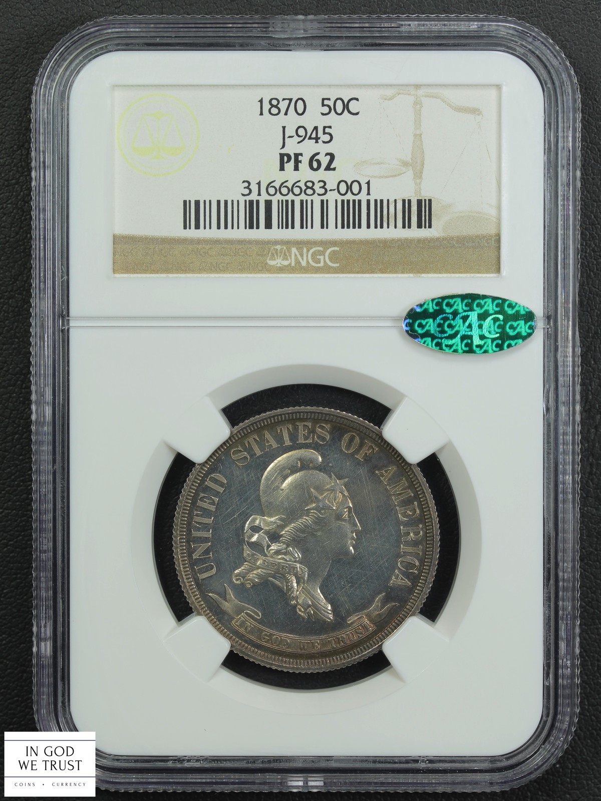 1870 Judd-945 Proof Pattern Standard Silver Half Dollar 50C NGC PF 62 CAC