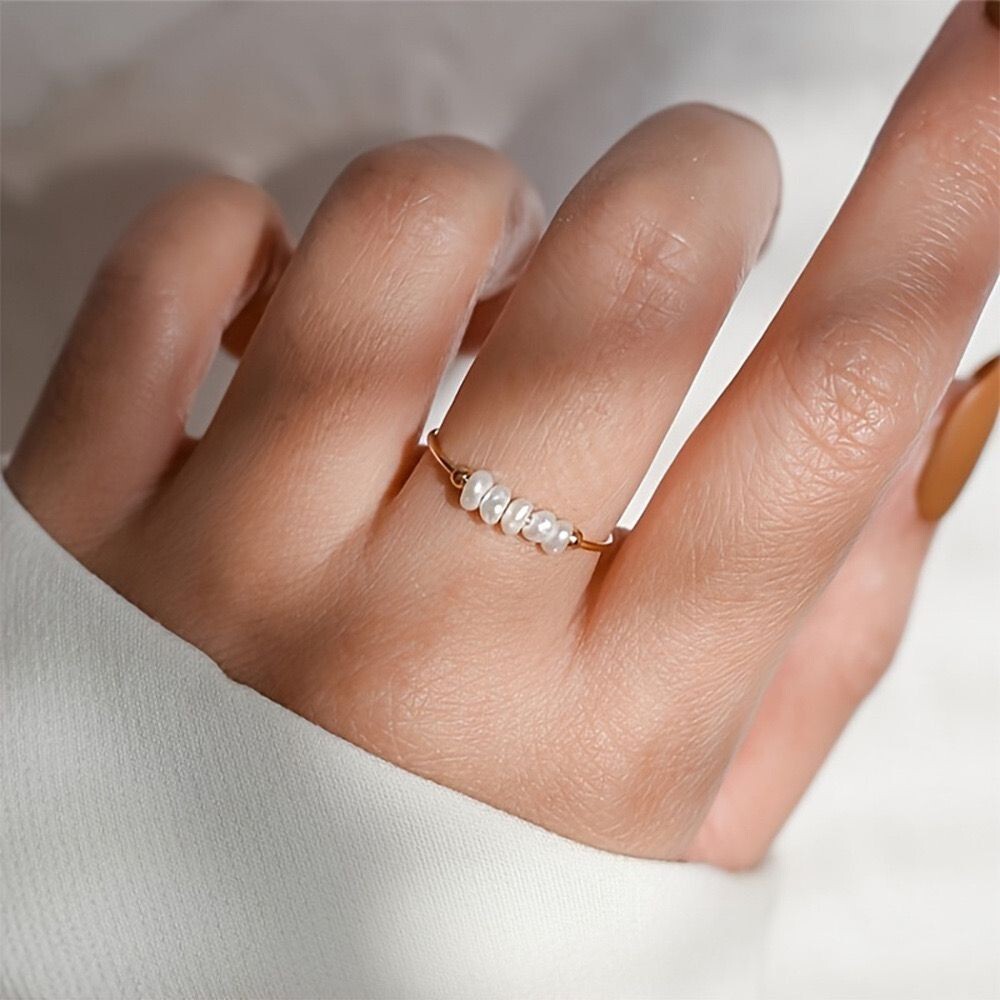 Fashion Woman 18k Gold Plated Natural Pearl Thin Band Ring Size 5-9