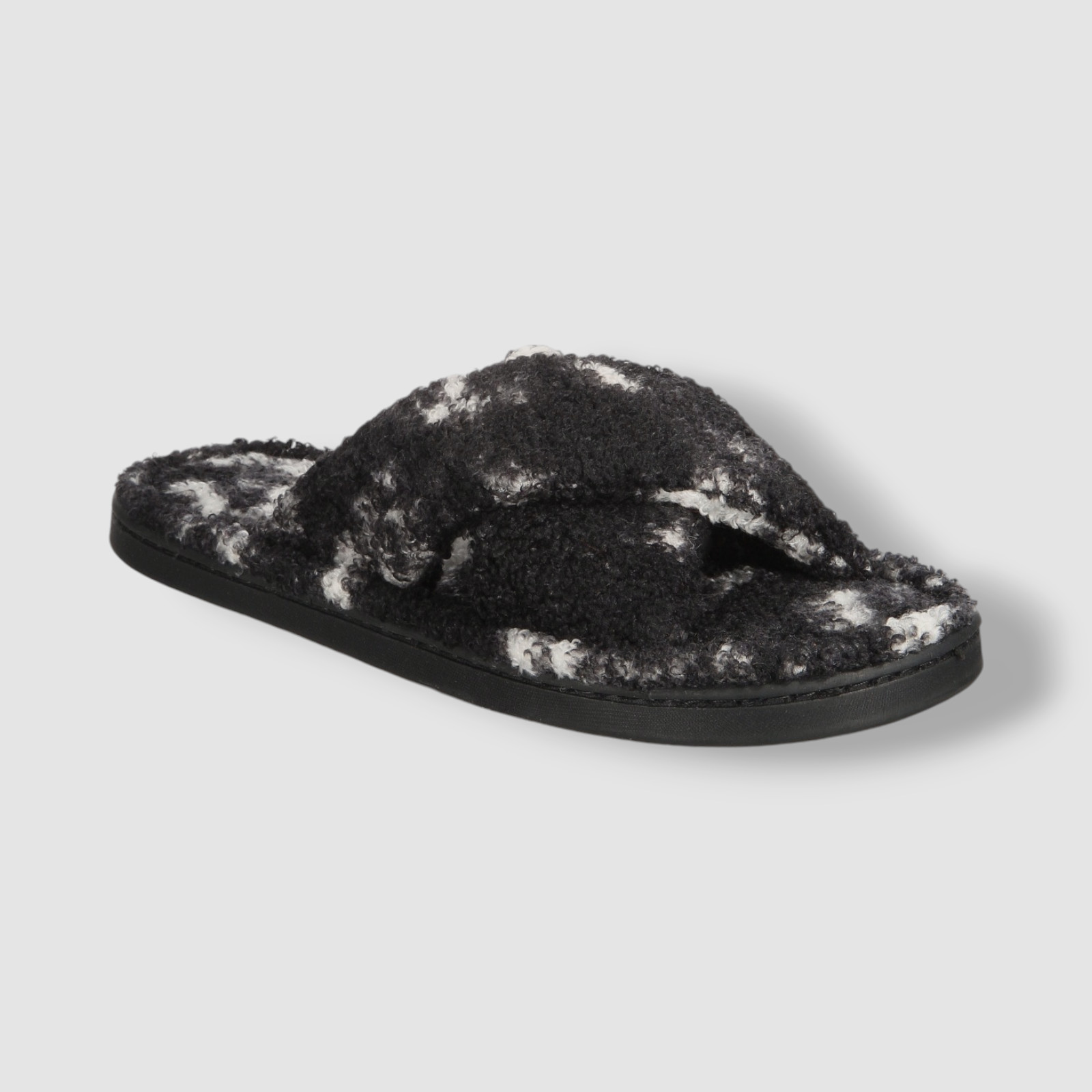 Jenni Women's Black Faux-Sherpa Cross-Strap Slide Slippers Shoes Size 5-6