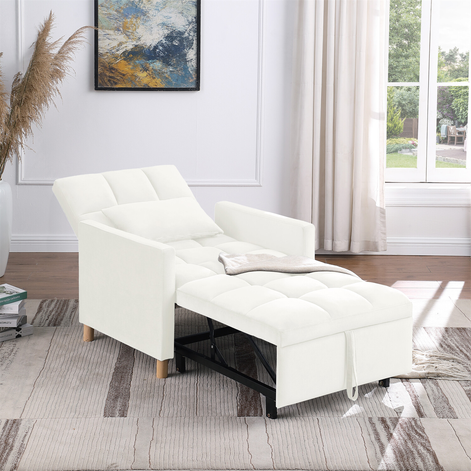 Convertible Sofa Bed Chair 3-in-1 Multi-Functional Folding Sofa Beige New
