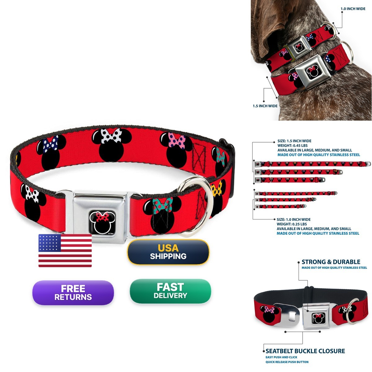 Buckle-Down Seatbelt Buckle Dog Collar Minnie Mouse Red/Black/Polka Dot 1" Wide