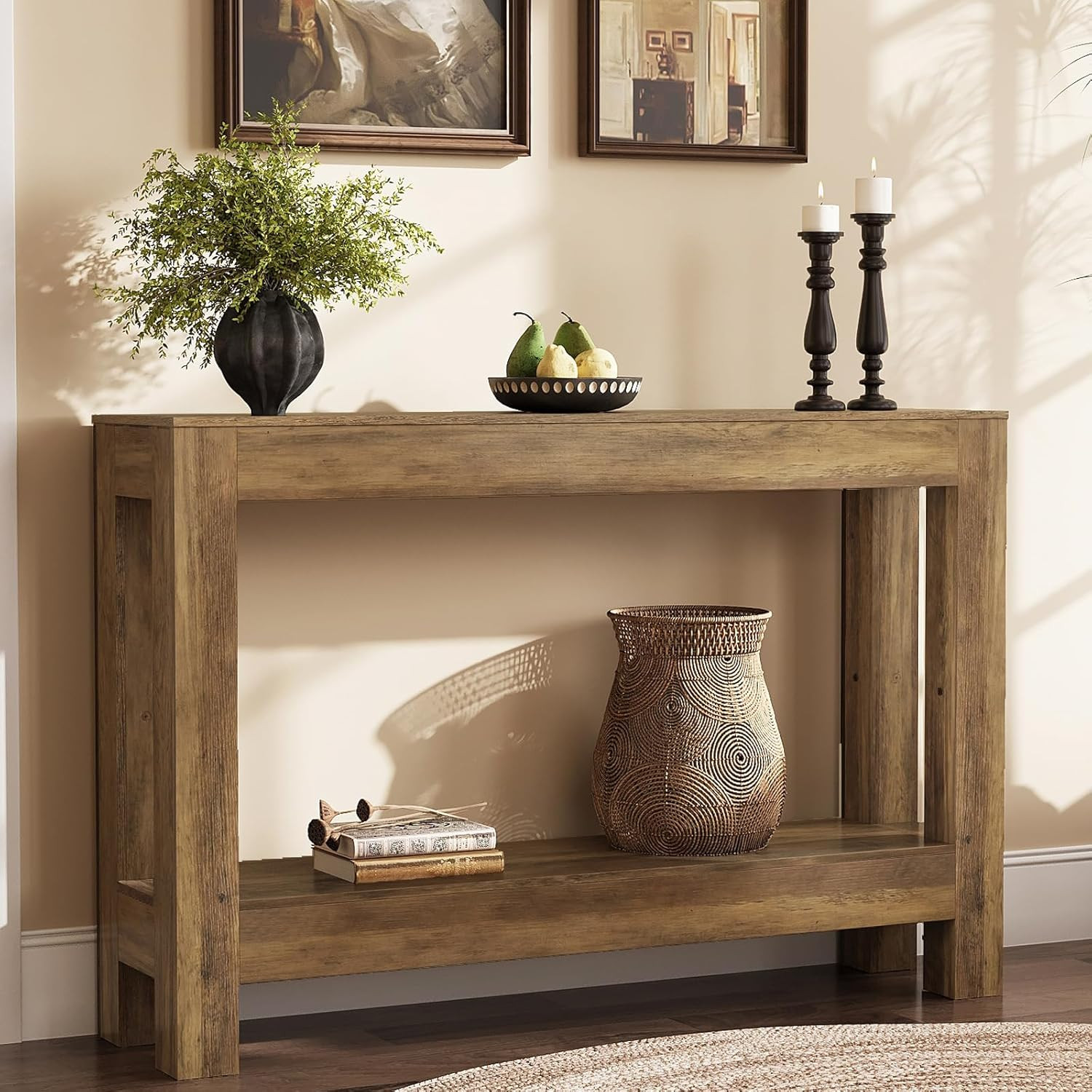 Farmhouse Console Table, 2-Tier Wood Sofa Table behind Couch Narrow Entryway Acc