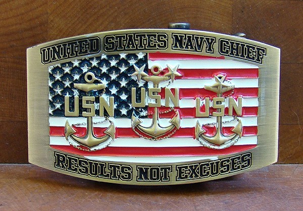 United States Navy Chief Crew Belt Buckle "Results Not Excuses"  Antique Brass