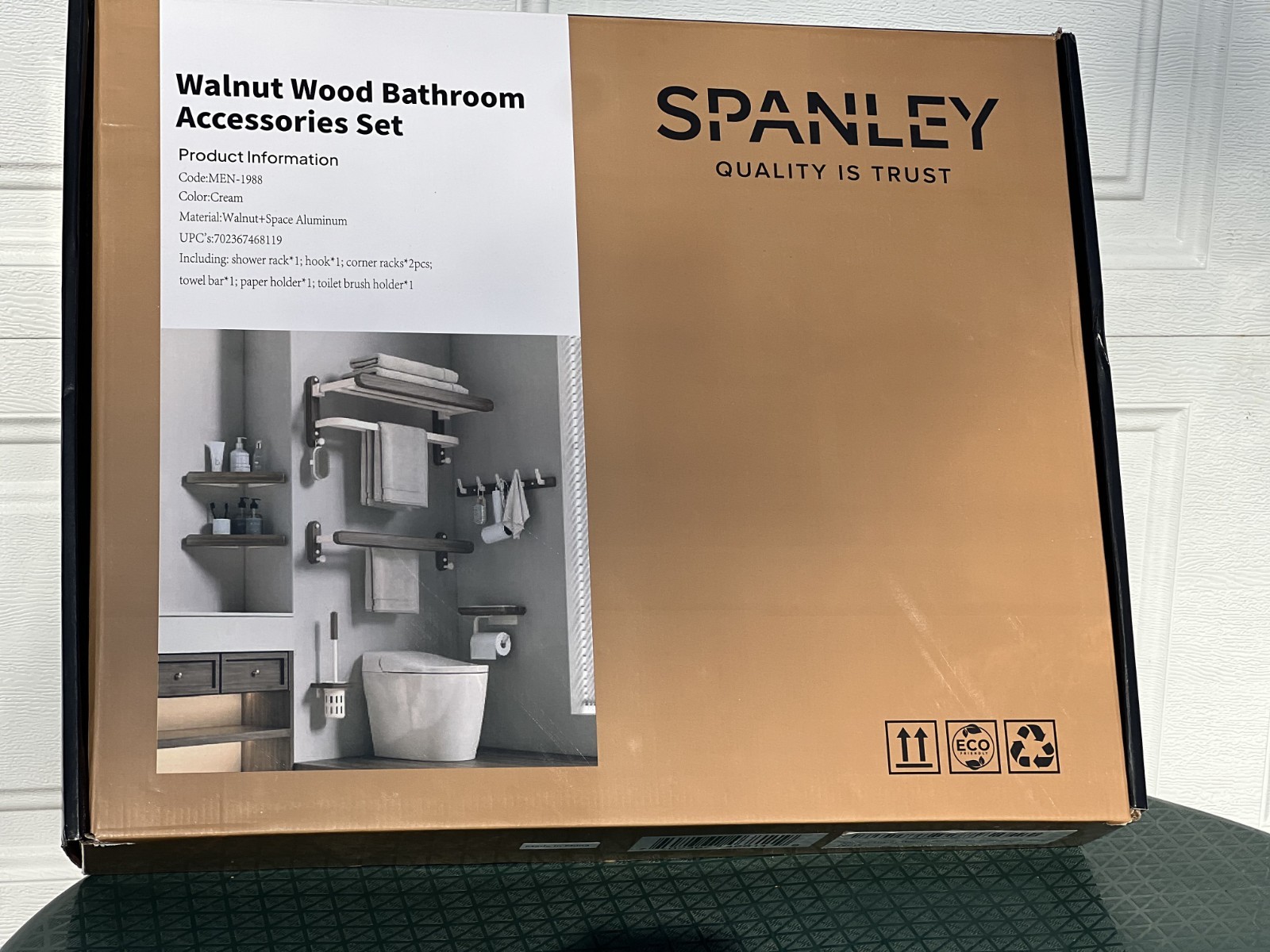 7 Piece Luxury Walnut & Aluminum Bathroom Accessories Set - New