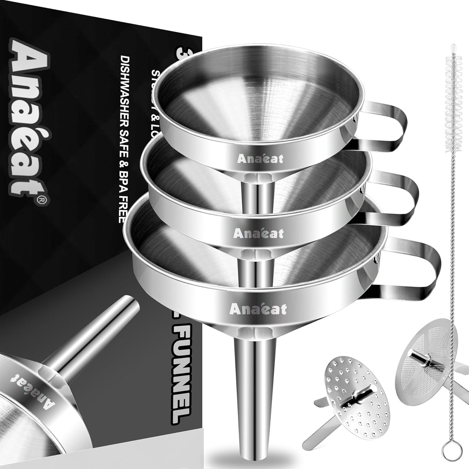 Anaeat 3 Pack Stainless Steel Kitchen Funnel Set, 3 (5.7" + 5.0" + 4.1")