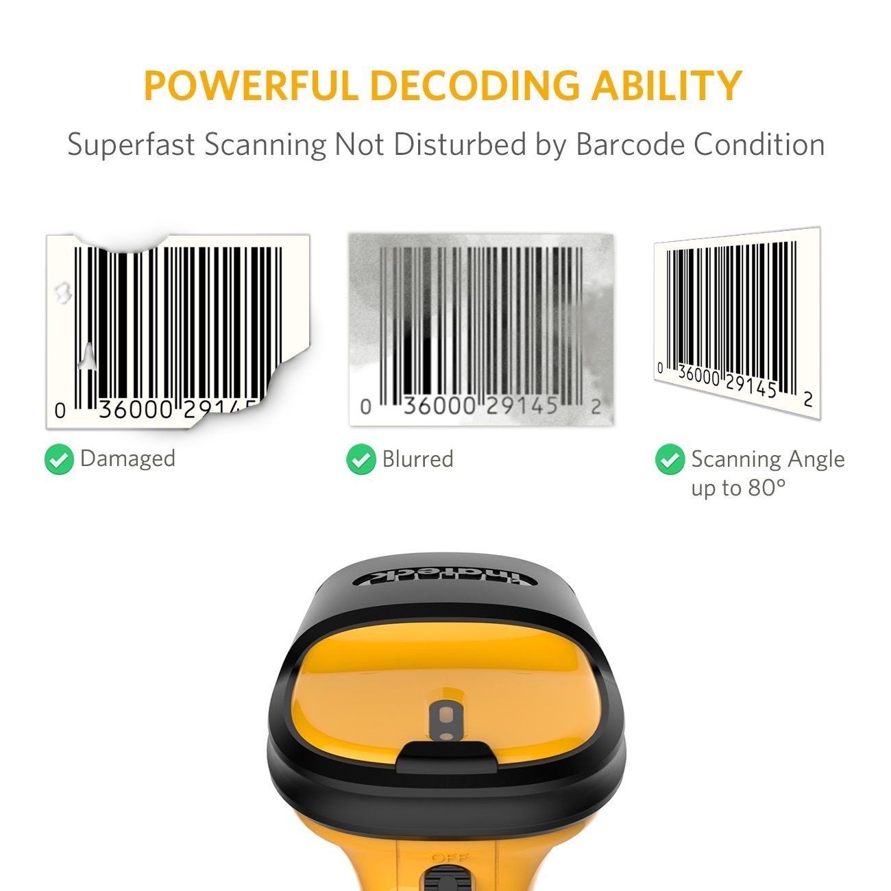 Inateck 1D Barcode Scanner Barcode Reader Wireless 2.4GHz Adapter Auto Scanning