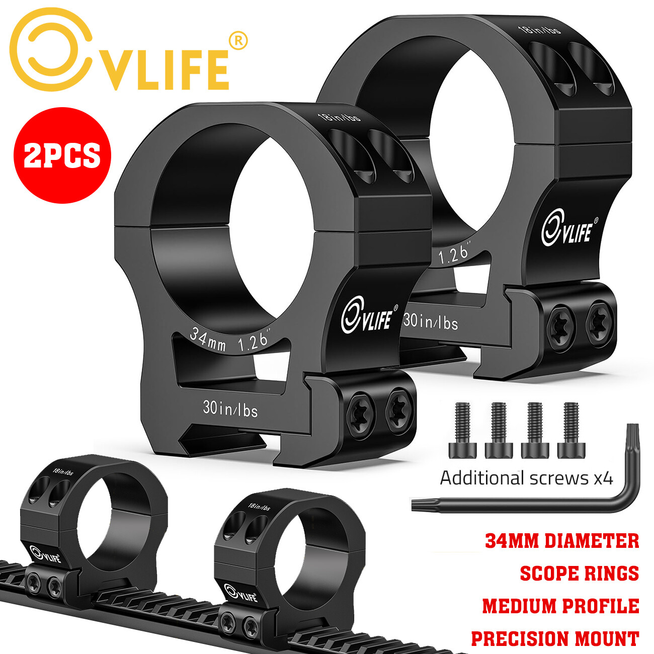 Medium Profile Scope Rings Mount Fits 20mm Picatinny Rail Mounting For 34mm Tube