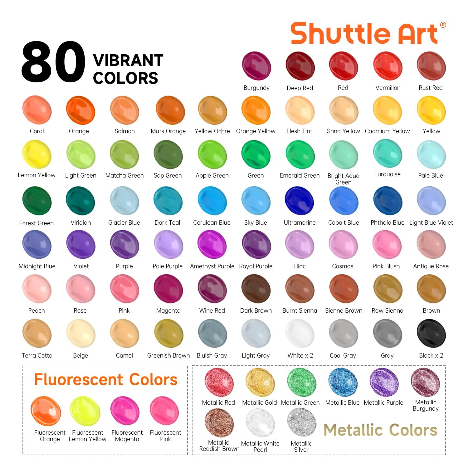 Shuttle Art 80 Colors Acrylic Paint, 2 Fl Oz (Pack of 80), Regular