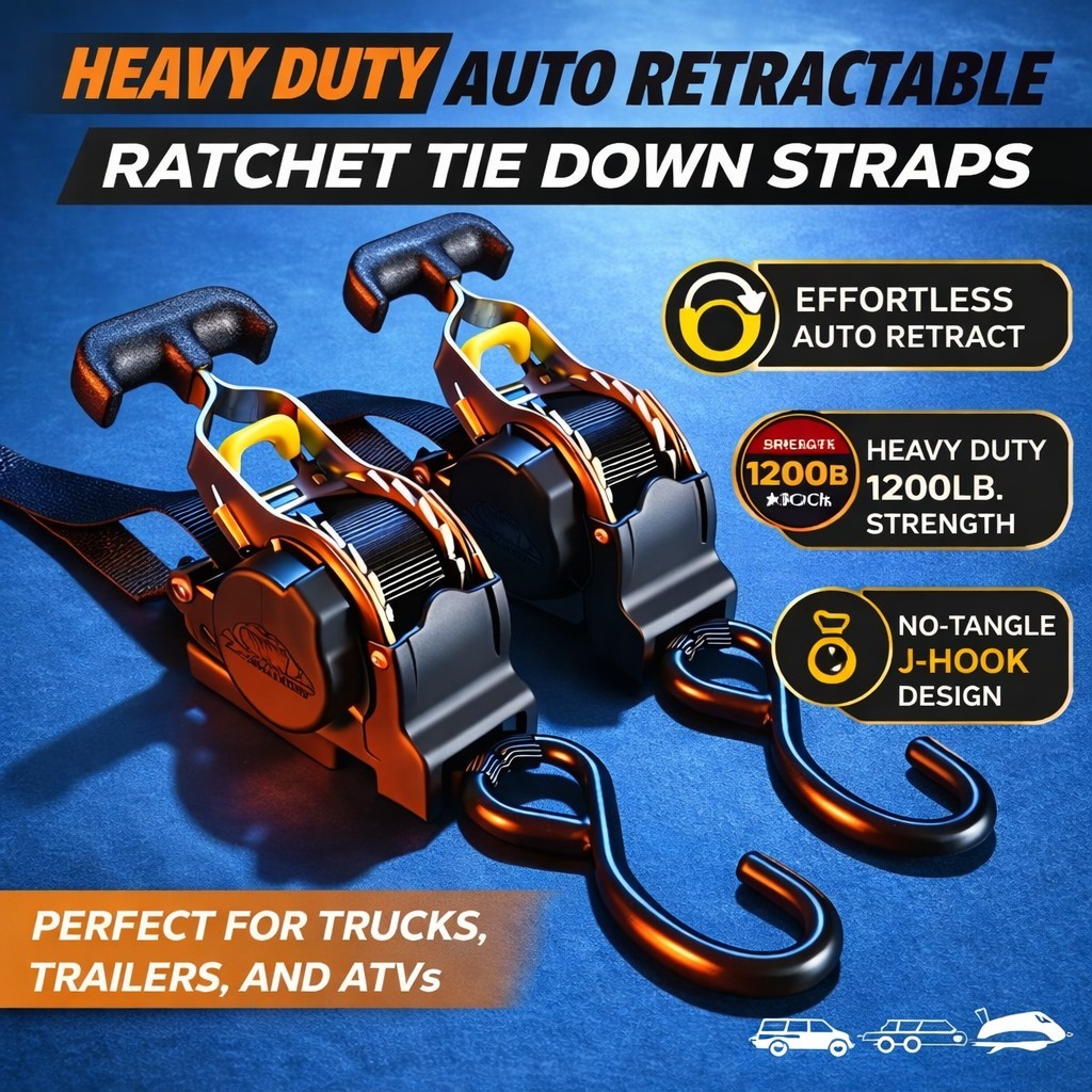 6x PACK-Auto Retractable-Motorcycle & Trailer Ratchet Straps 1” x 10’ | 1500lb🔥