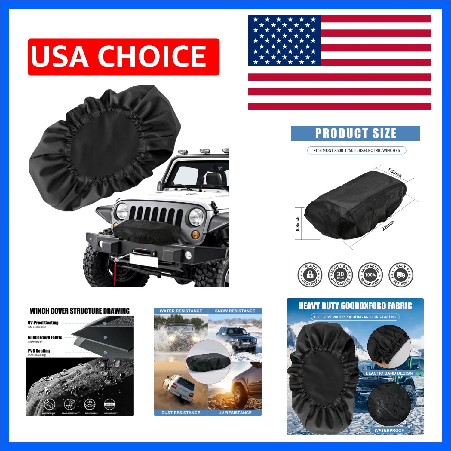 Winch Cover, New Upgrade Heavy Duty 600D Oxford Fabric Winch Covers for 8500-...