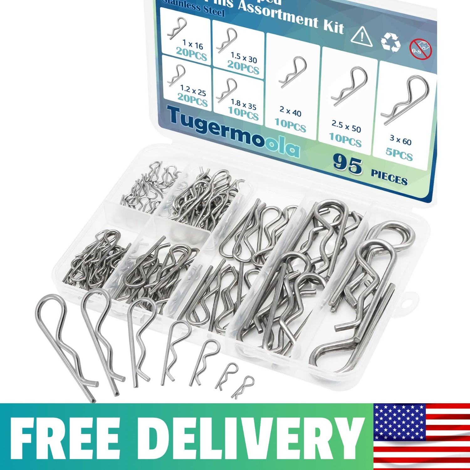 95PCS 7 Sizes Stainless Steel Hitch Pin Clip Assortment Kit R Shaped Cotter Pins