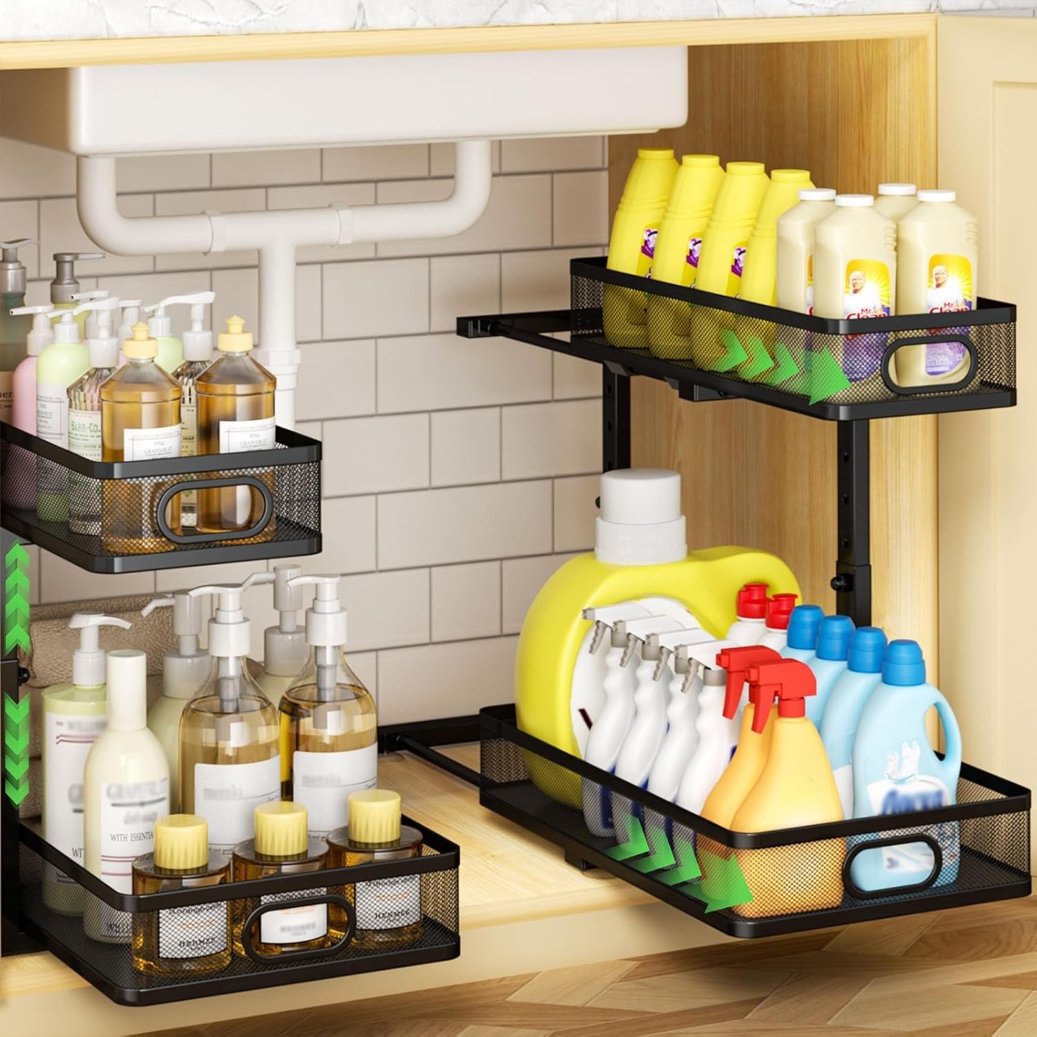 Rust-Resistant Under Sink Storage Racks: Metal 2-Tier Pull-Out Shelves - 2-Pack