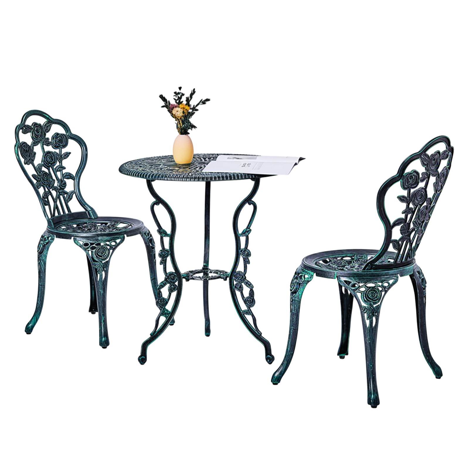 3PCS Outdoor Bistro Set All-Weather Cast Aluminum Rose Bistro Table and Chairs